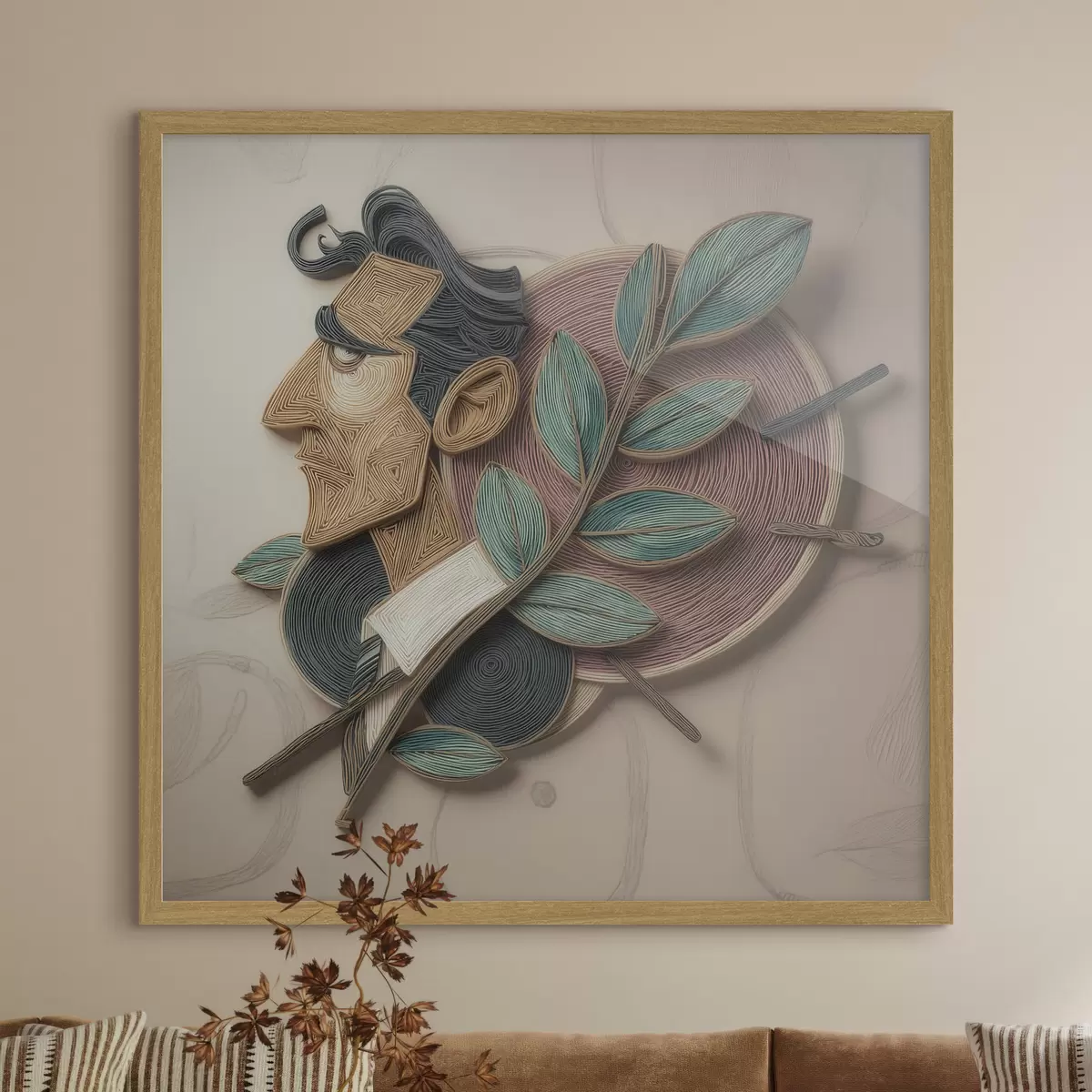 Poster Ritratto astratto di un uomo con un ramo frondoso, realizzato in uno stile illustrativo ricco di texture f49711