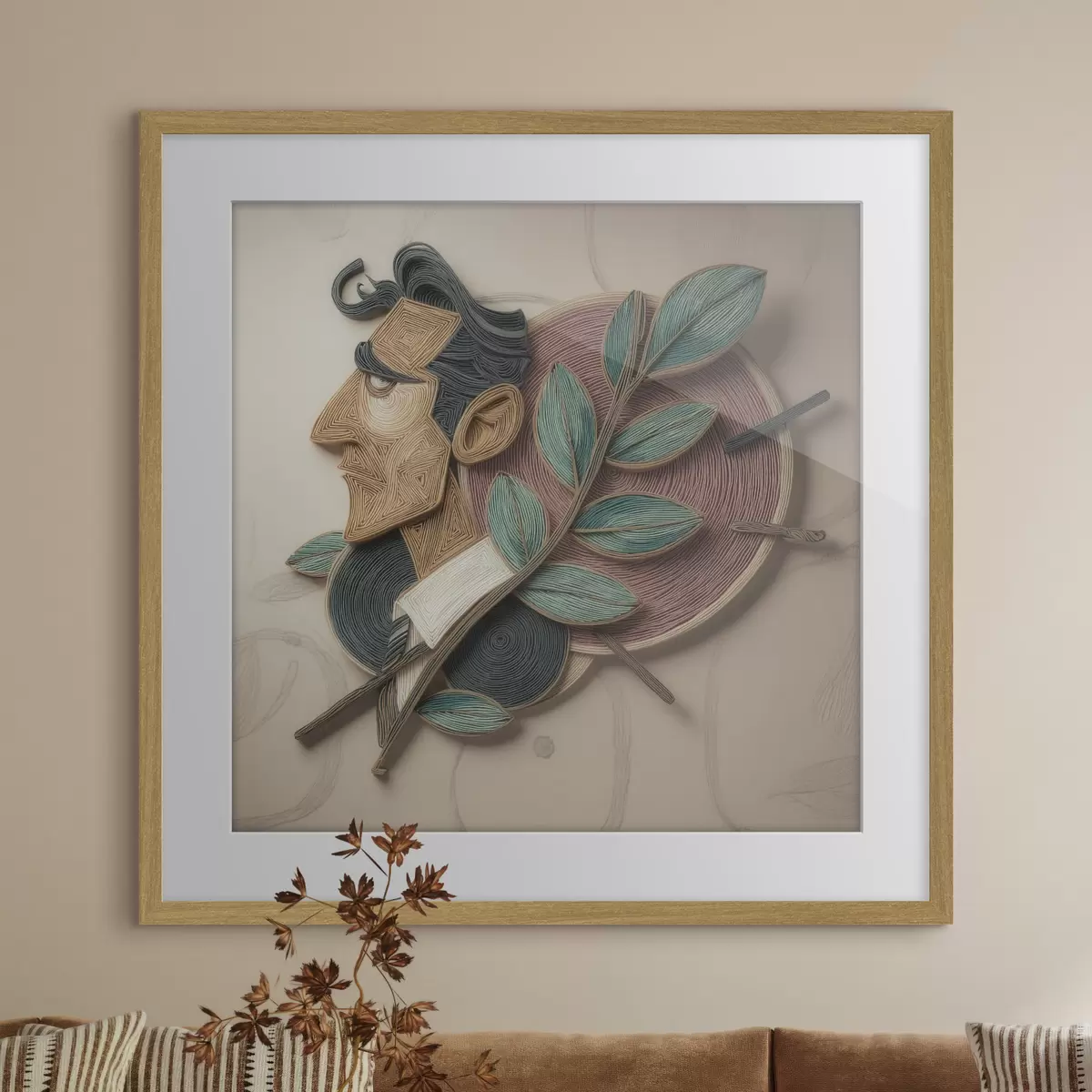 Poster Ritratto astratto di un uomo con un ramo frondoso, realizzato in uno stile illustrativo ricco di texture f49711