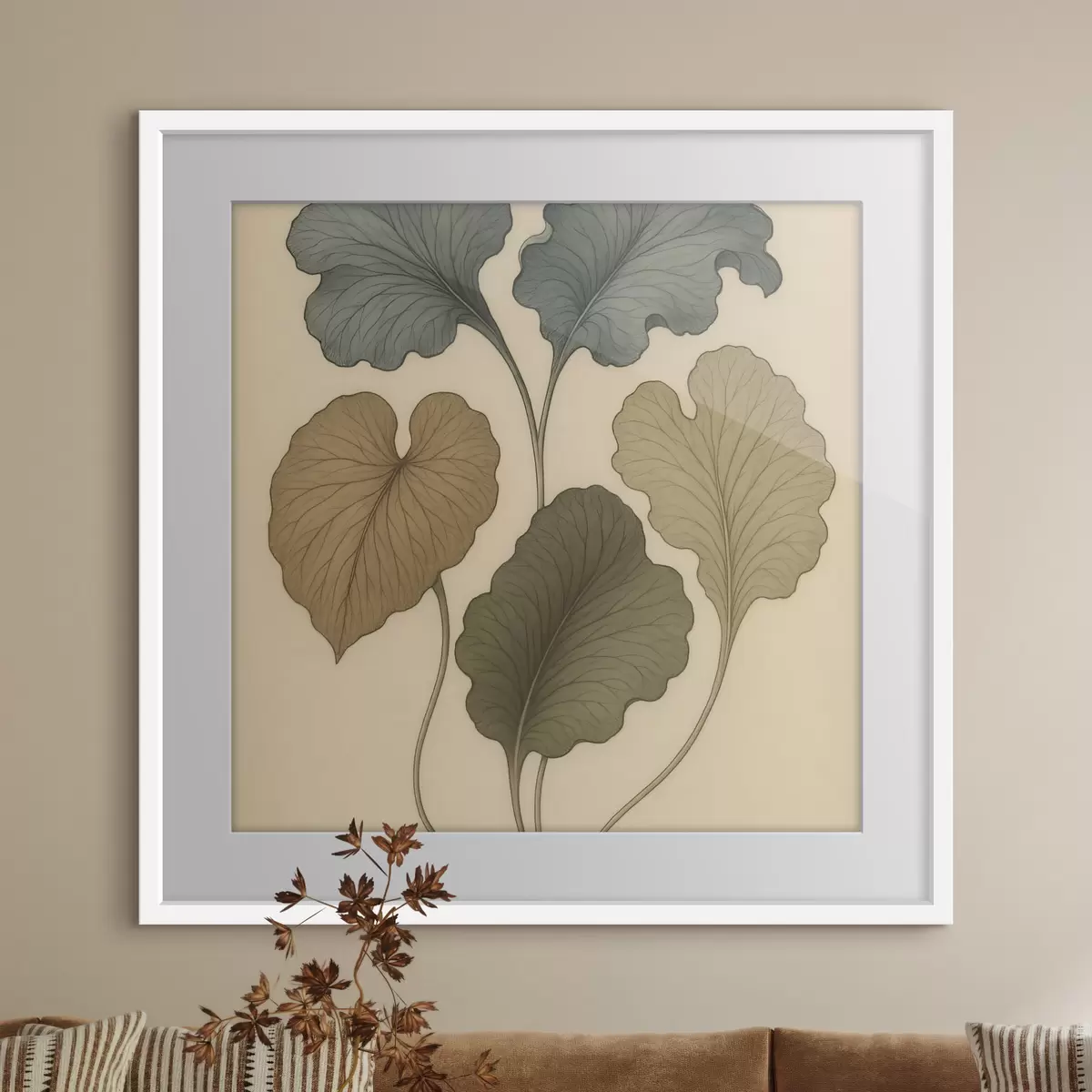 Poster Foglie decorative dai toni tenui su uno sfondo beige f49721