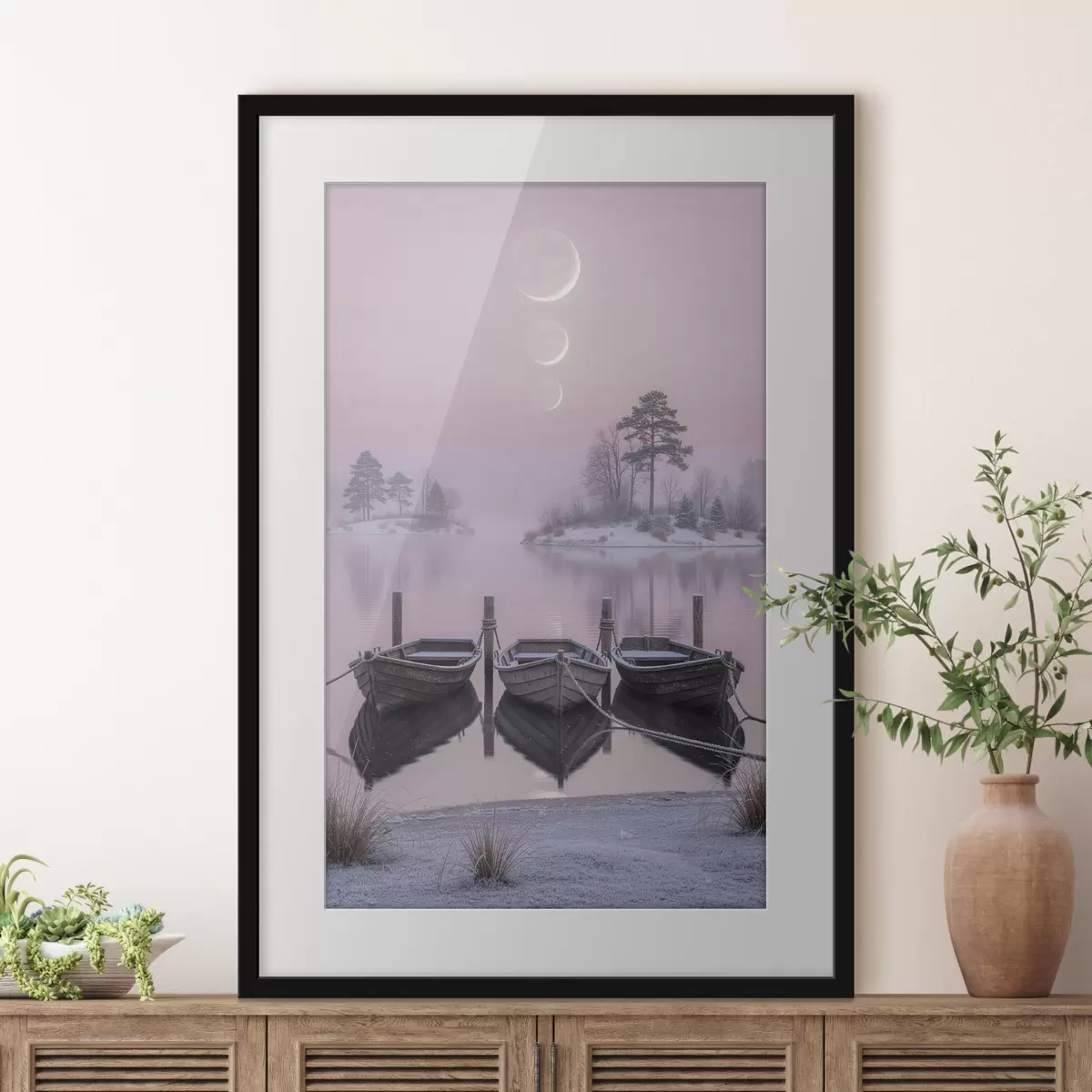 Poster Paesaggio con lago, barche e fasi lunari in stile pastello f49724