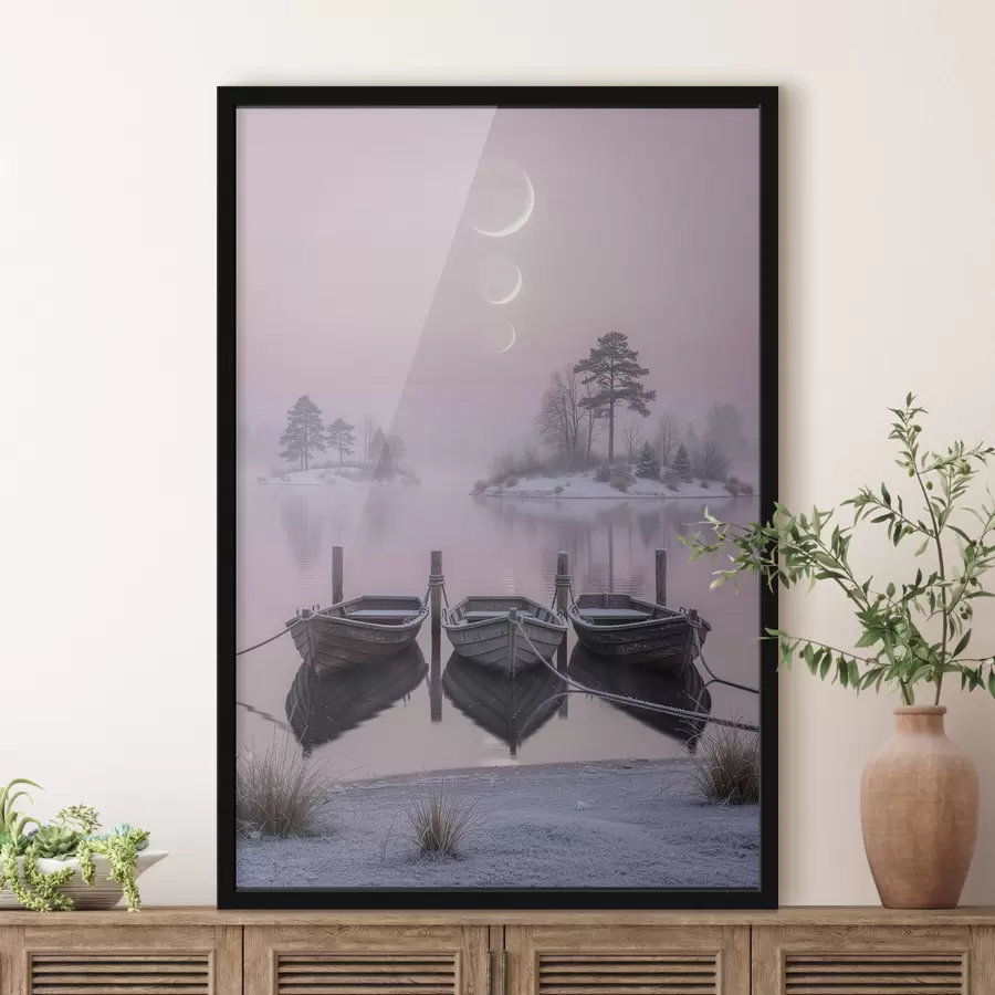 carta da parati Paesaggio con lago, barche e fasi lunari in stile pastello nr. f49724