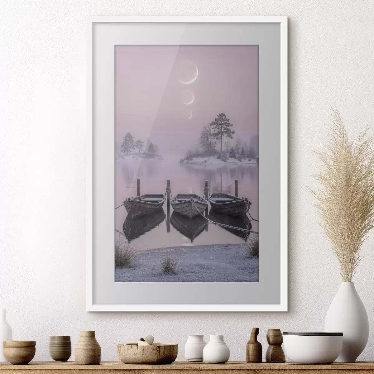 Poster Paesaggio con lago, barche e fasi lunari in stile pastello f49724