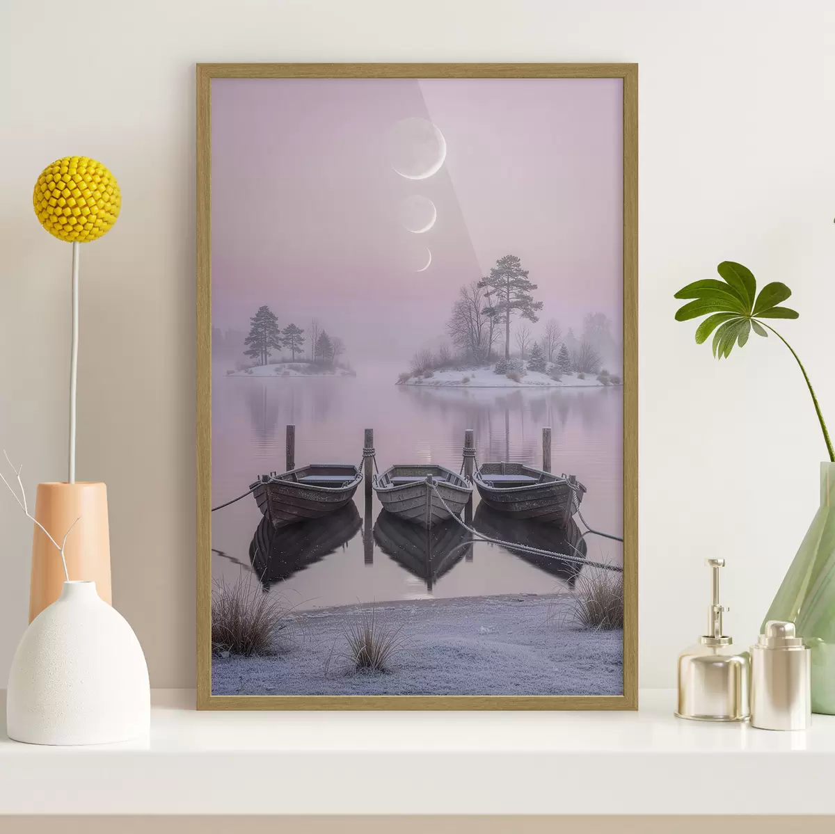 Poster Paesaggio con lago, barche e fasi lunari in stile pastello f49724