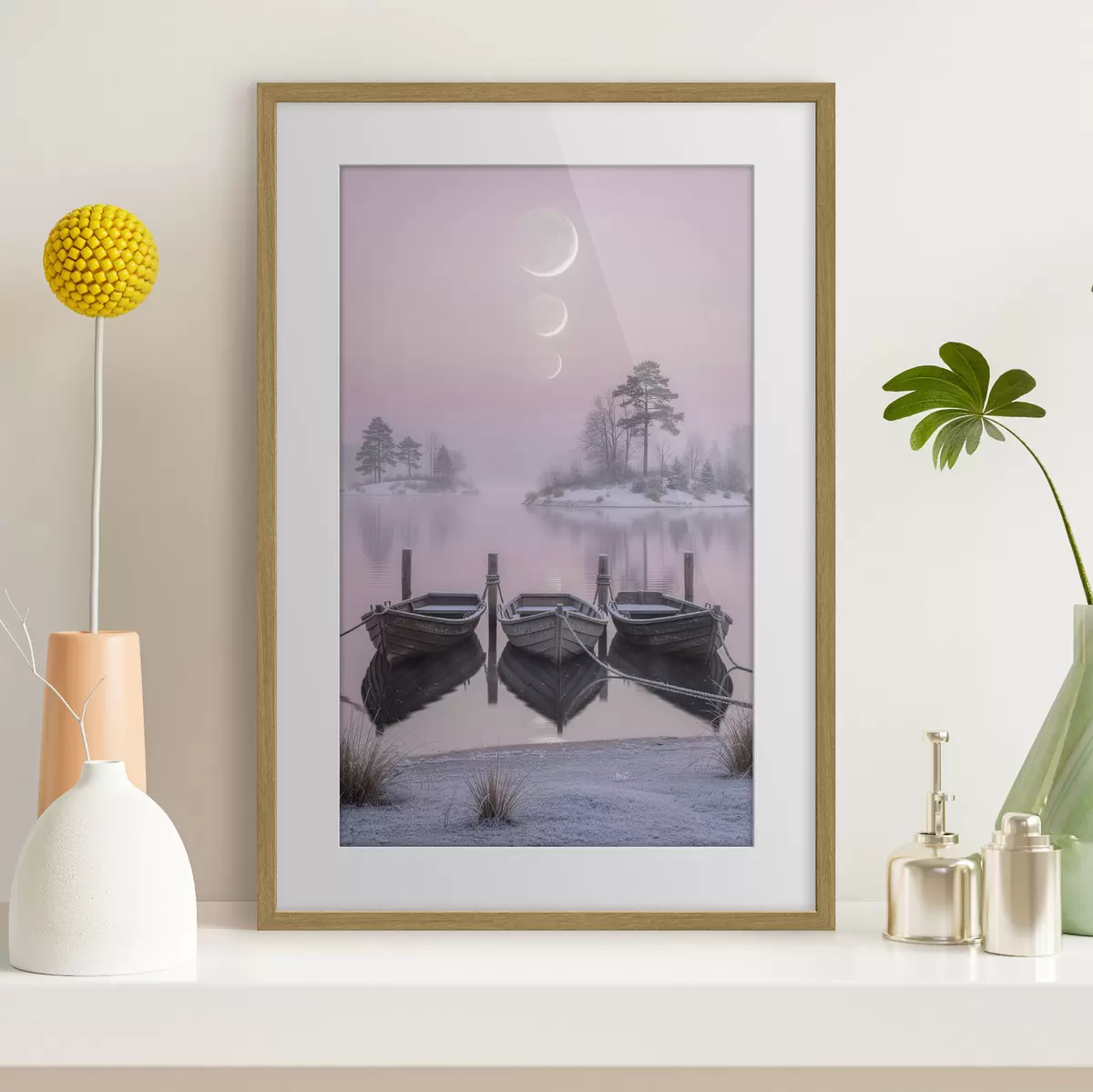 Poster Paesaggio con lago, barche e fasi lunari in stile pastello f49724