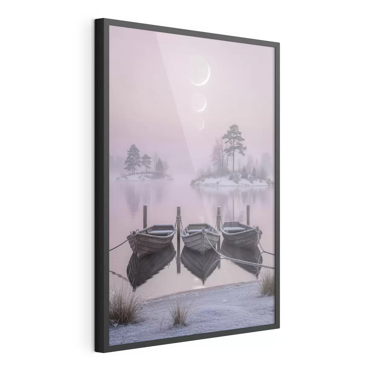 Poster Paesaggio con lago, barche e fasi lunari in stile pastello f49724