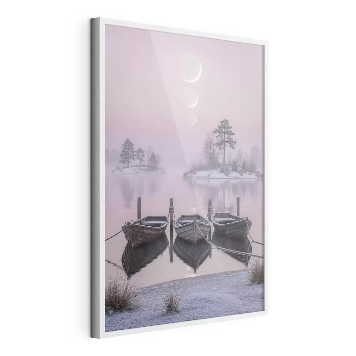 Poster Paesaggio con lago, barche e fasi lunari in stile pastello f49724