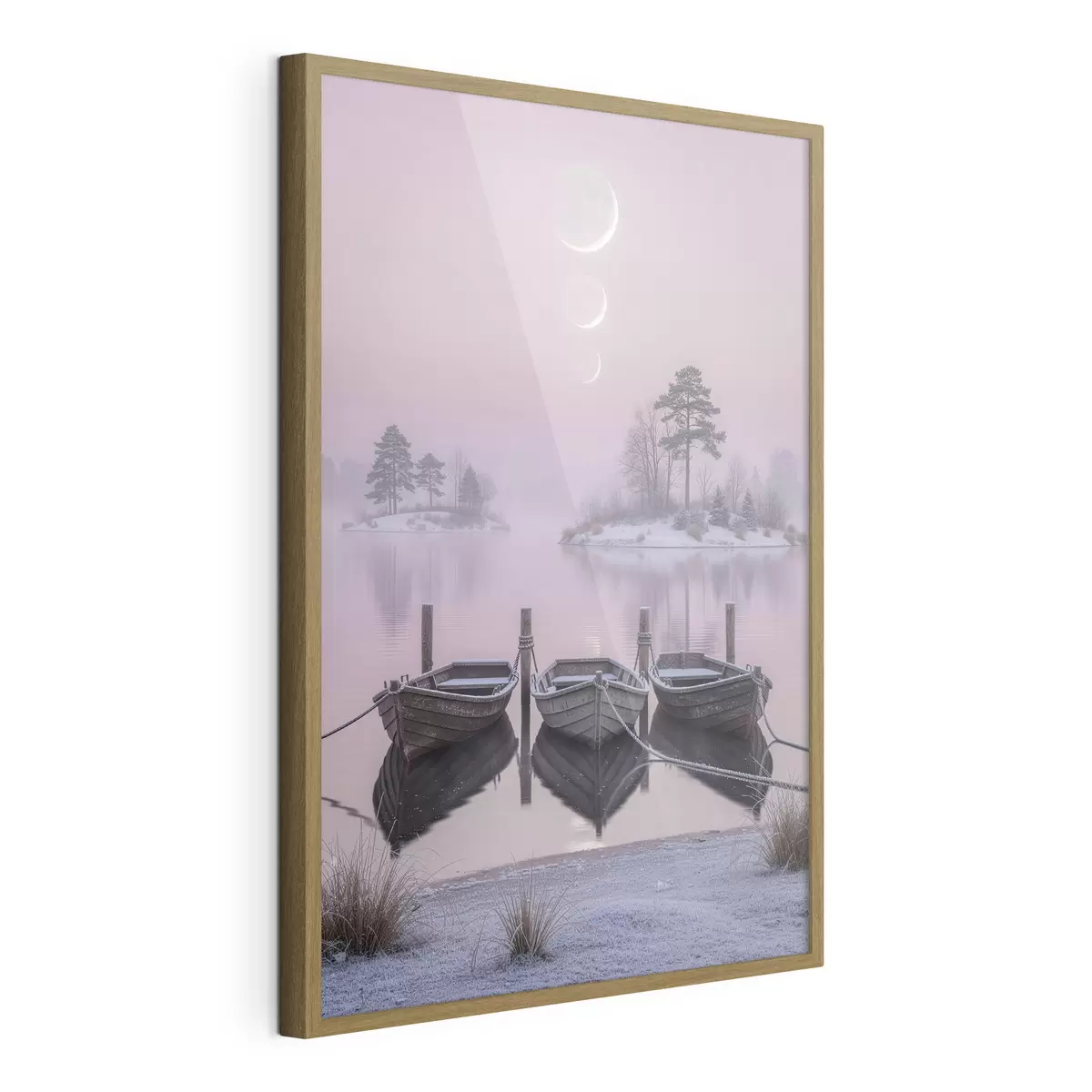 Poster Paesaggio con lago, barche e fasi lunari in stile pastello f49724