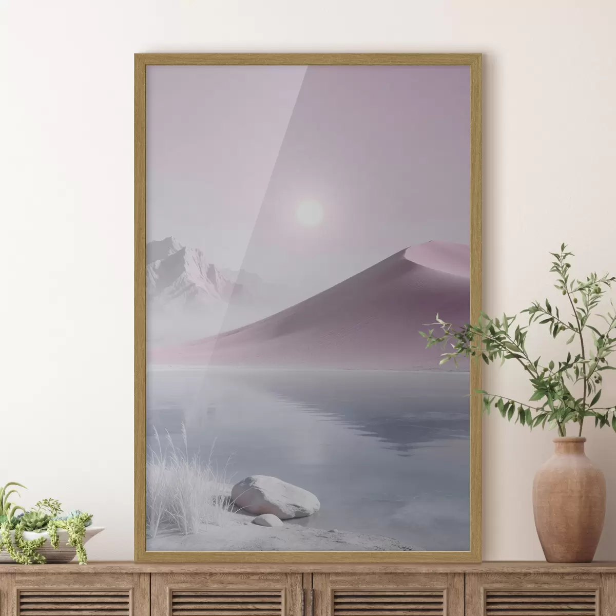 Poster Lago di montagna vicino a una collina sabbiosa dai toni pastello f49725