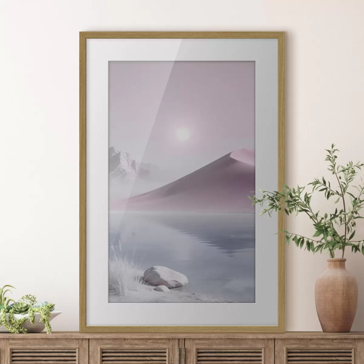Poster Lago di montagna vicino a una collina sabbiosa dai toni pastello f49725