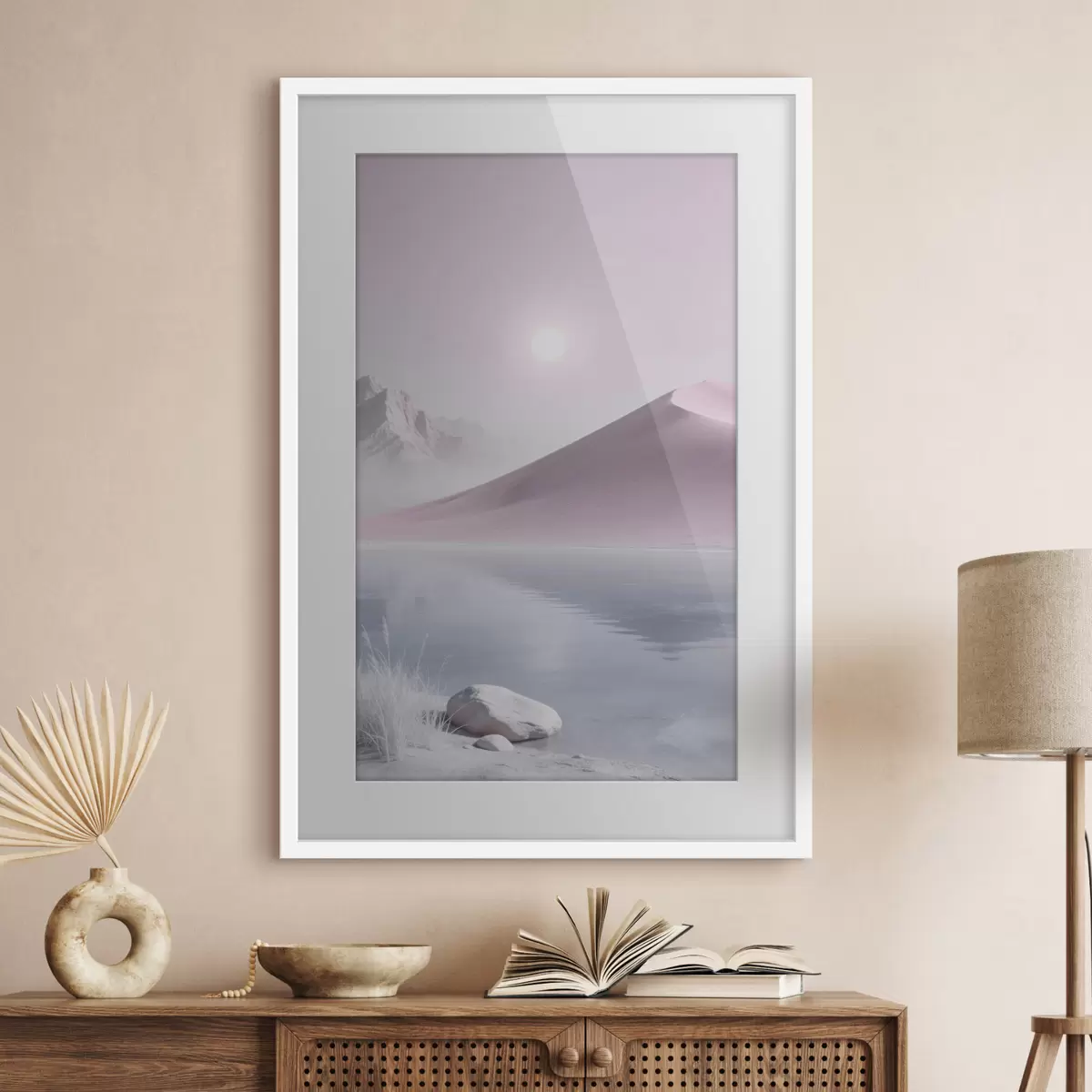 Poster Lago di montagna vicino a una collina sabbiosa dai toni pastello f49725