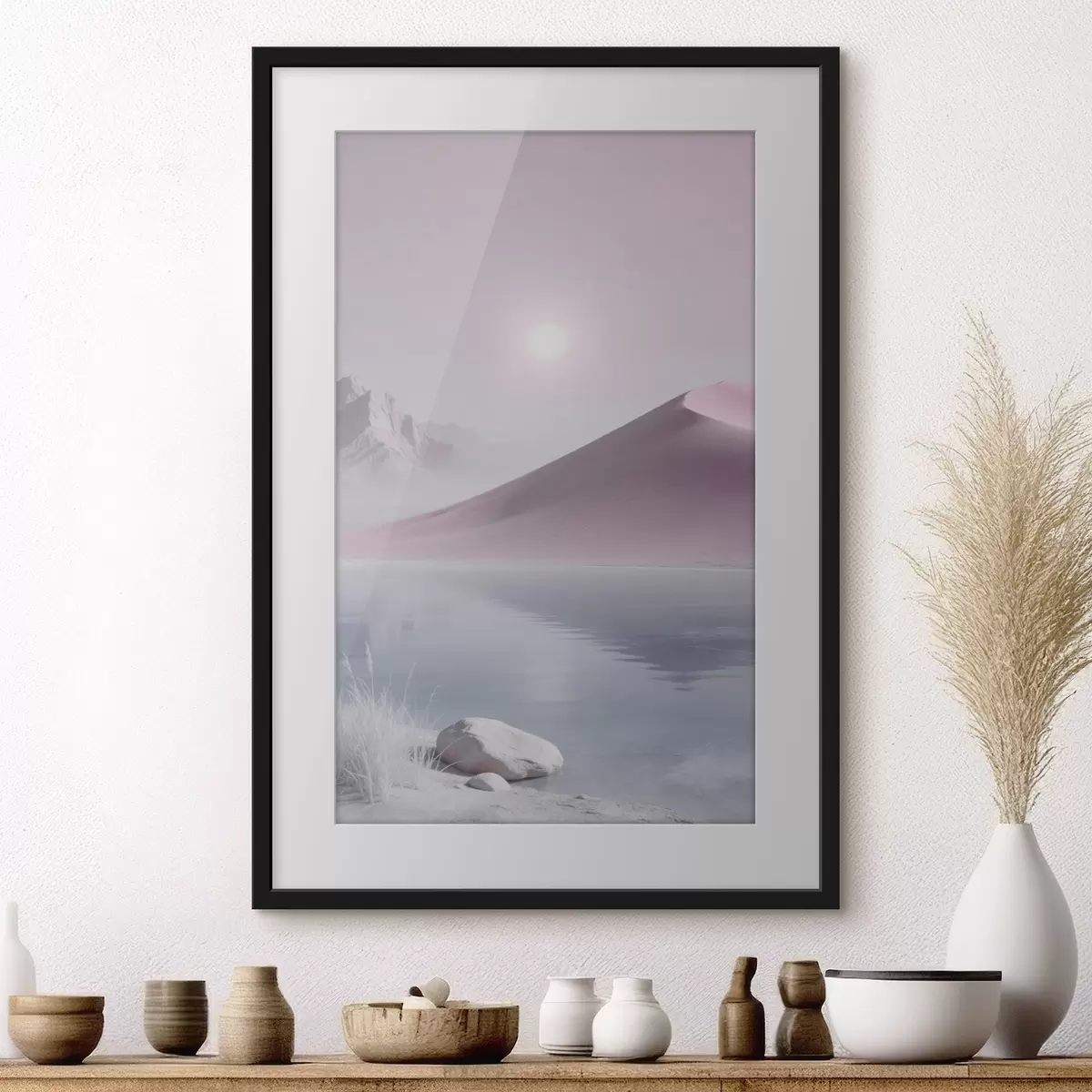 Poster Lago di montagna vicino a una collina sabbiosa dai toni pastello f49725