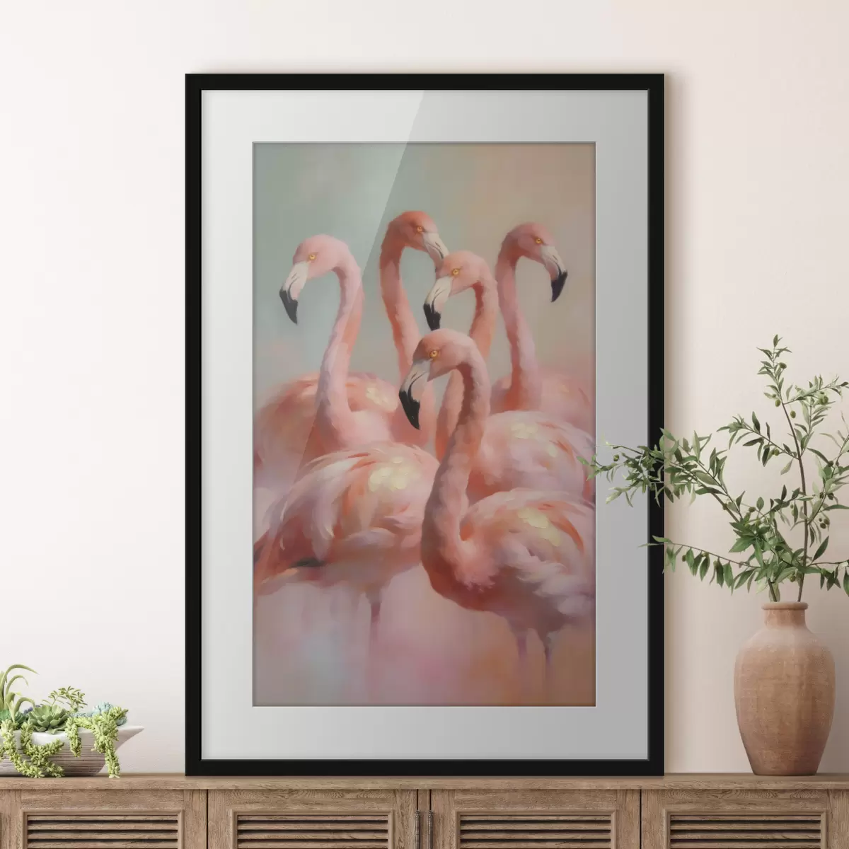 Poster Fenicotteri rosa dai delicati colori pastello in stile pittura a olio f49726
