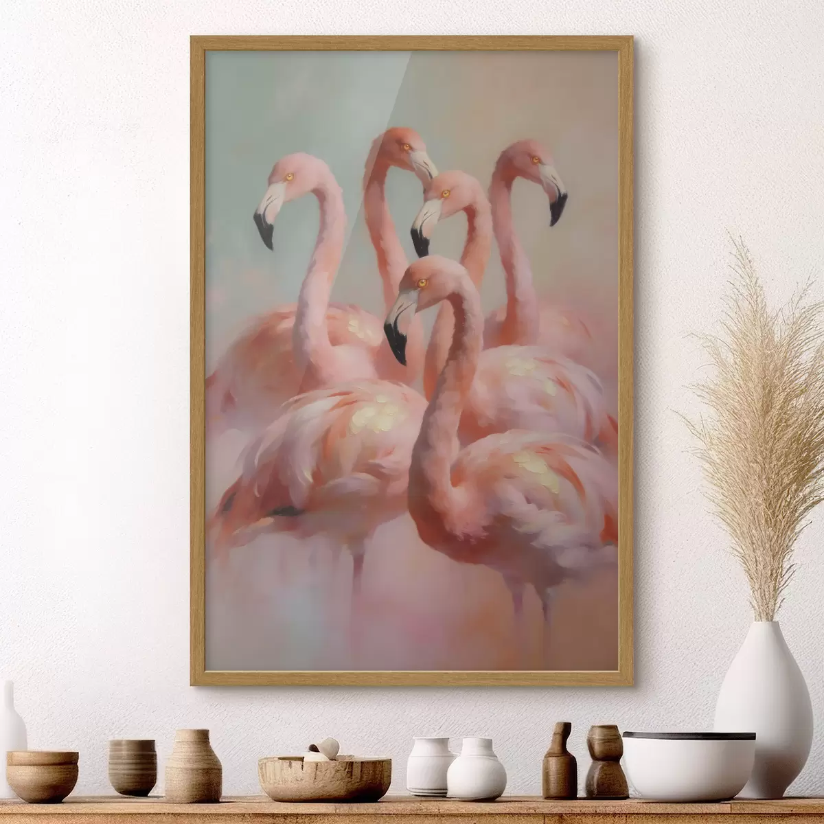 Poster Fenicotteri rosa dai delicati colori pastello in stile pittura a olio f49726