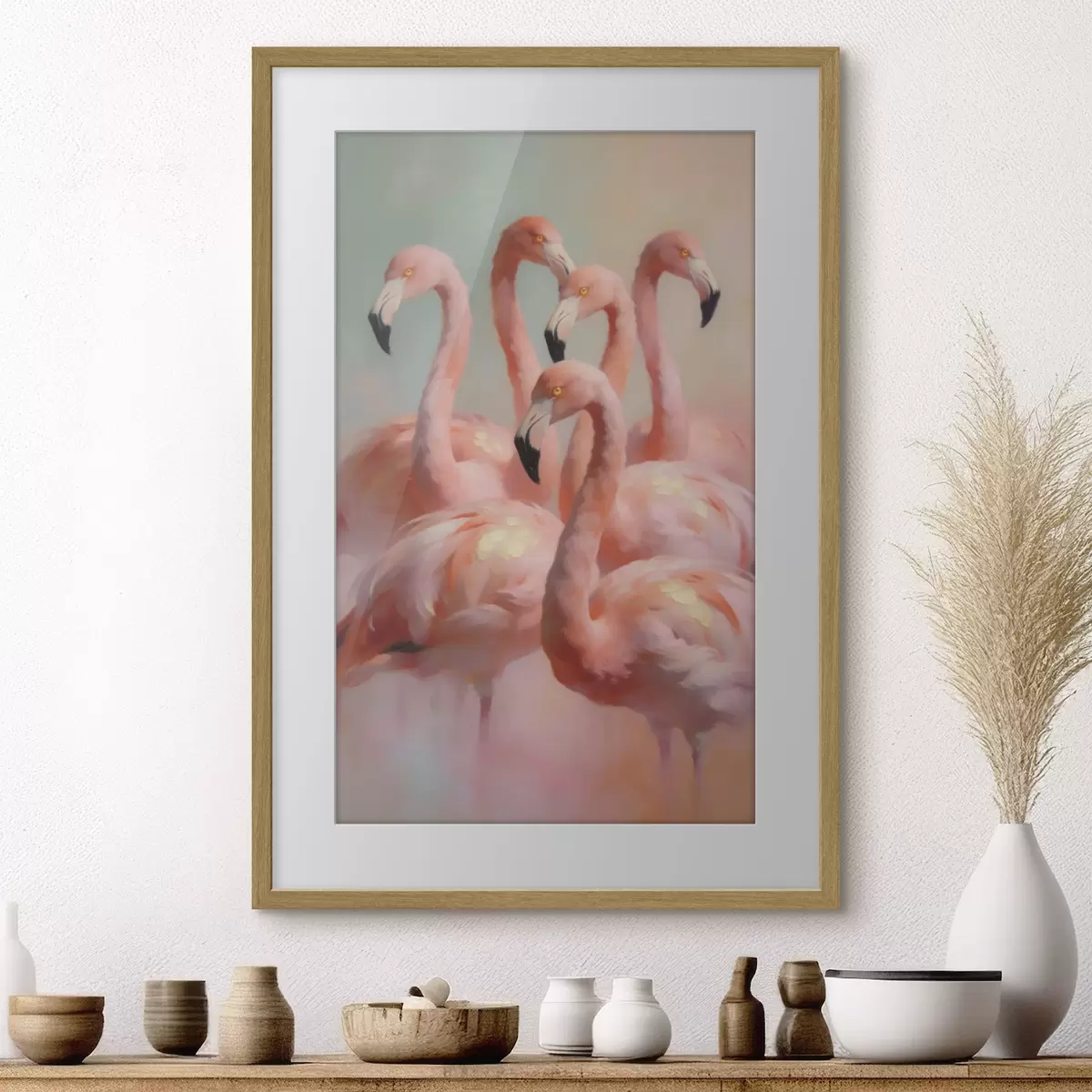 Poster Fenicotteri rosa dai delicati colori pastello in stile pittura a olio f49726