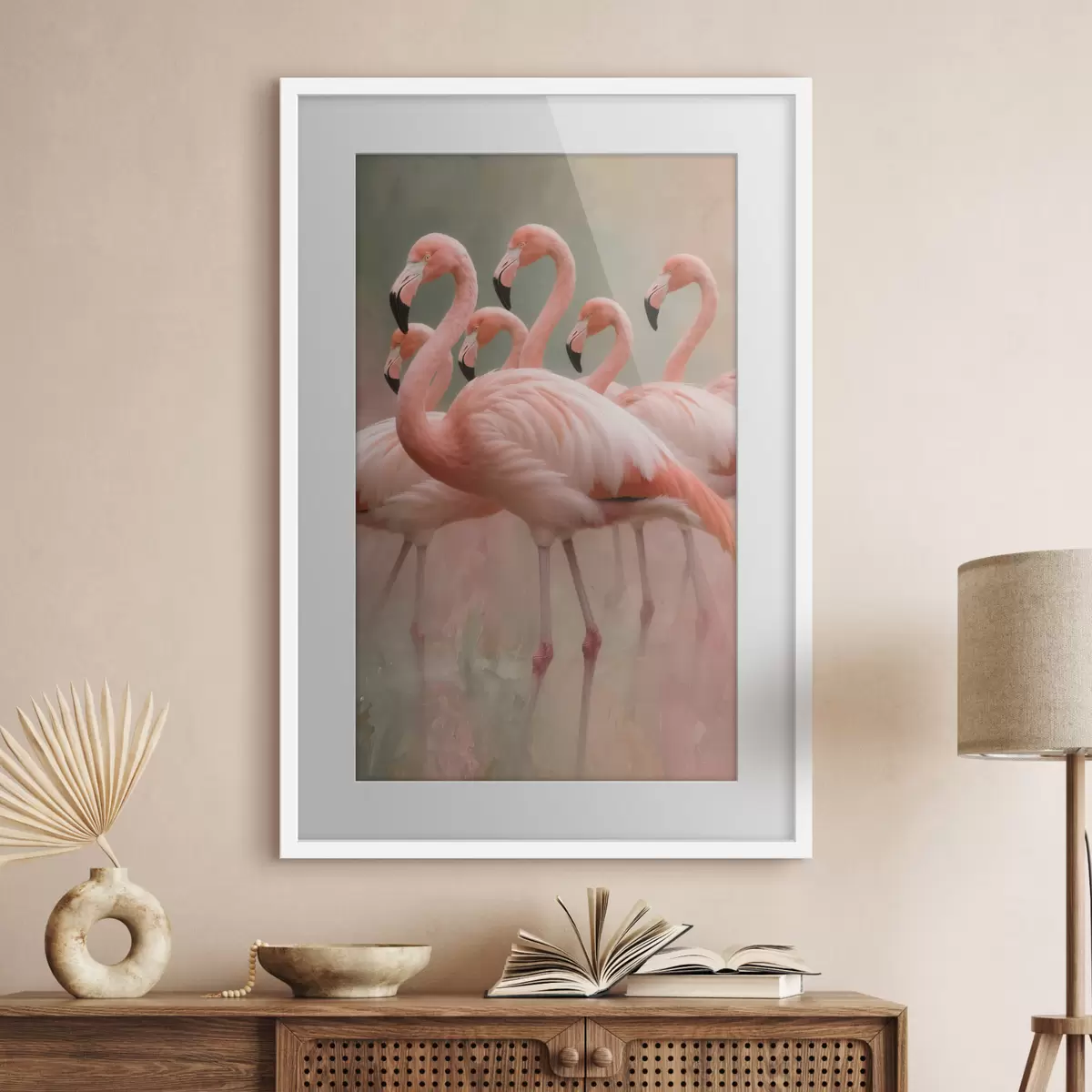Poster Ritratto decorativo di uno stormo di fenicotteri in stile pittorico contemporaneo f49727