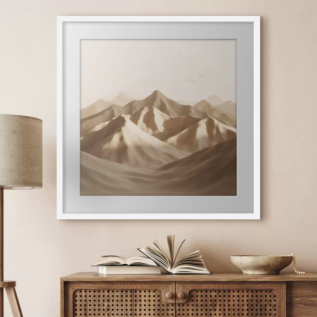 Poster Dune di sabbia astratte con sagome di uccelli in tonalità pastello f49729
