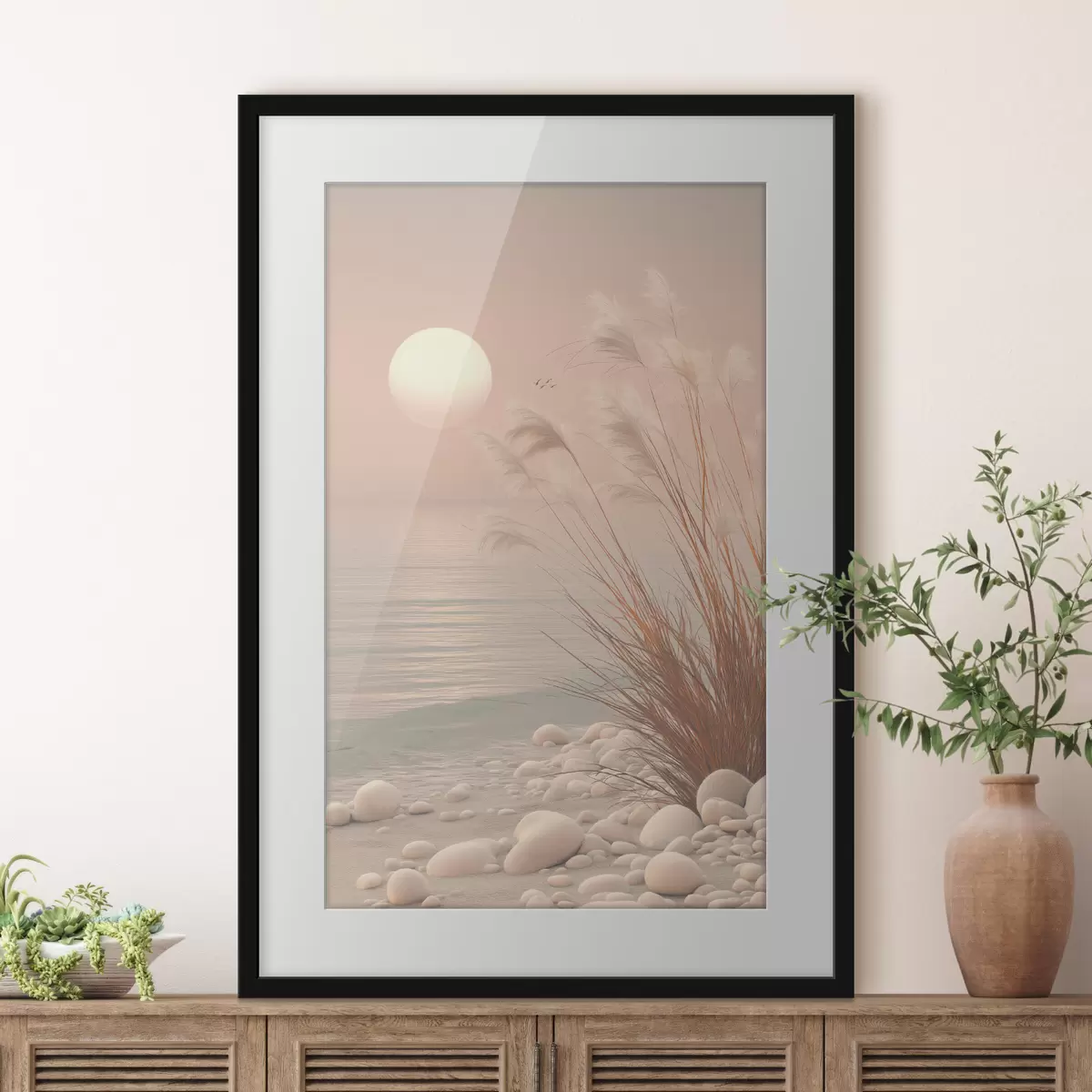 Poster Riva tranquilla con erbe all’alba f49949