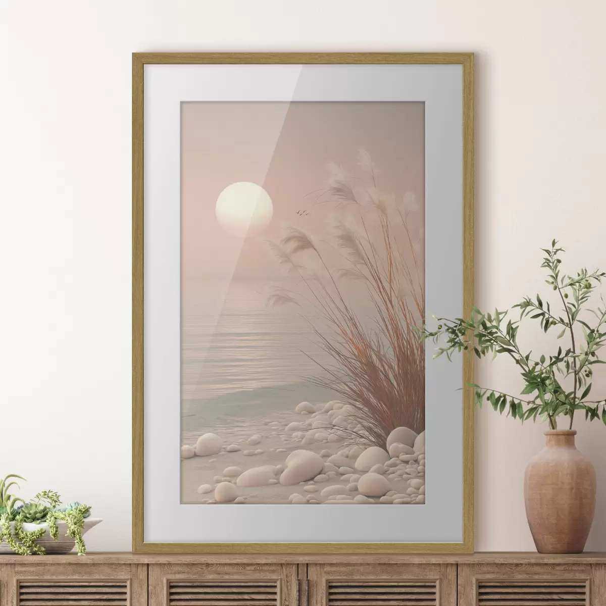 Poster Riva tranquilla con erbe all’alba f49949