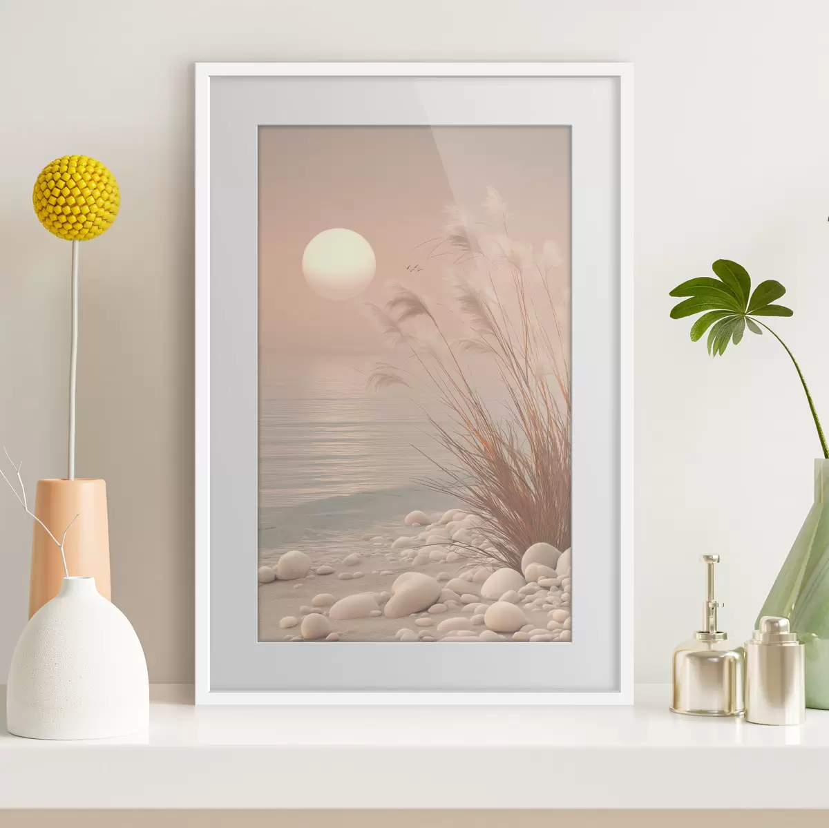 Poster Riva tranquilla con erbe all’alba f49949