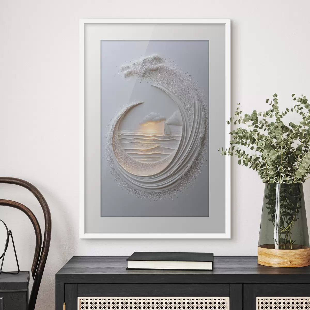 Poster Paesaggio marino con una barca a vela e un effetto a rilievo f49950