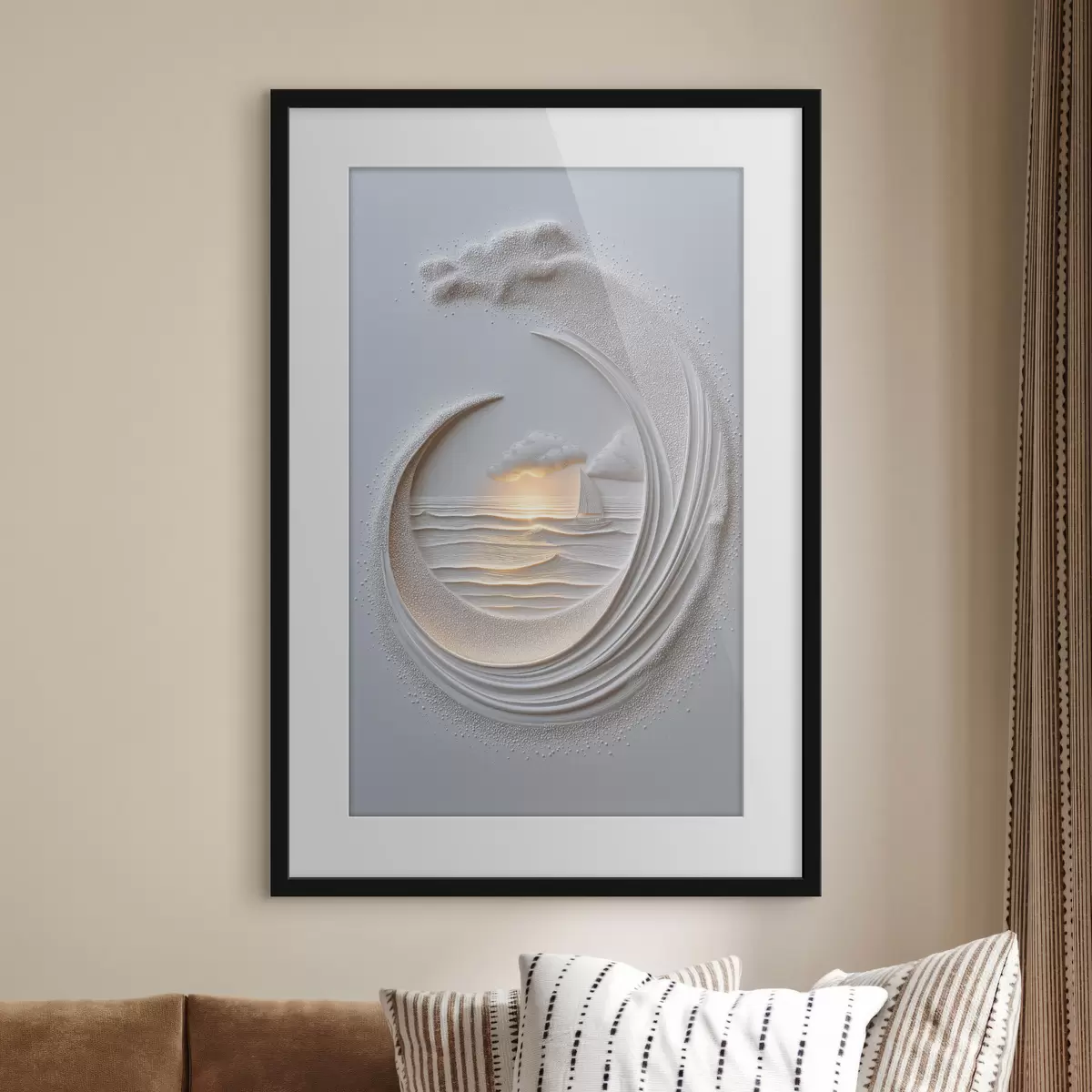 Poster Paesaggio marino con una barca a vela e un effetto a rilievo f49950