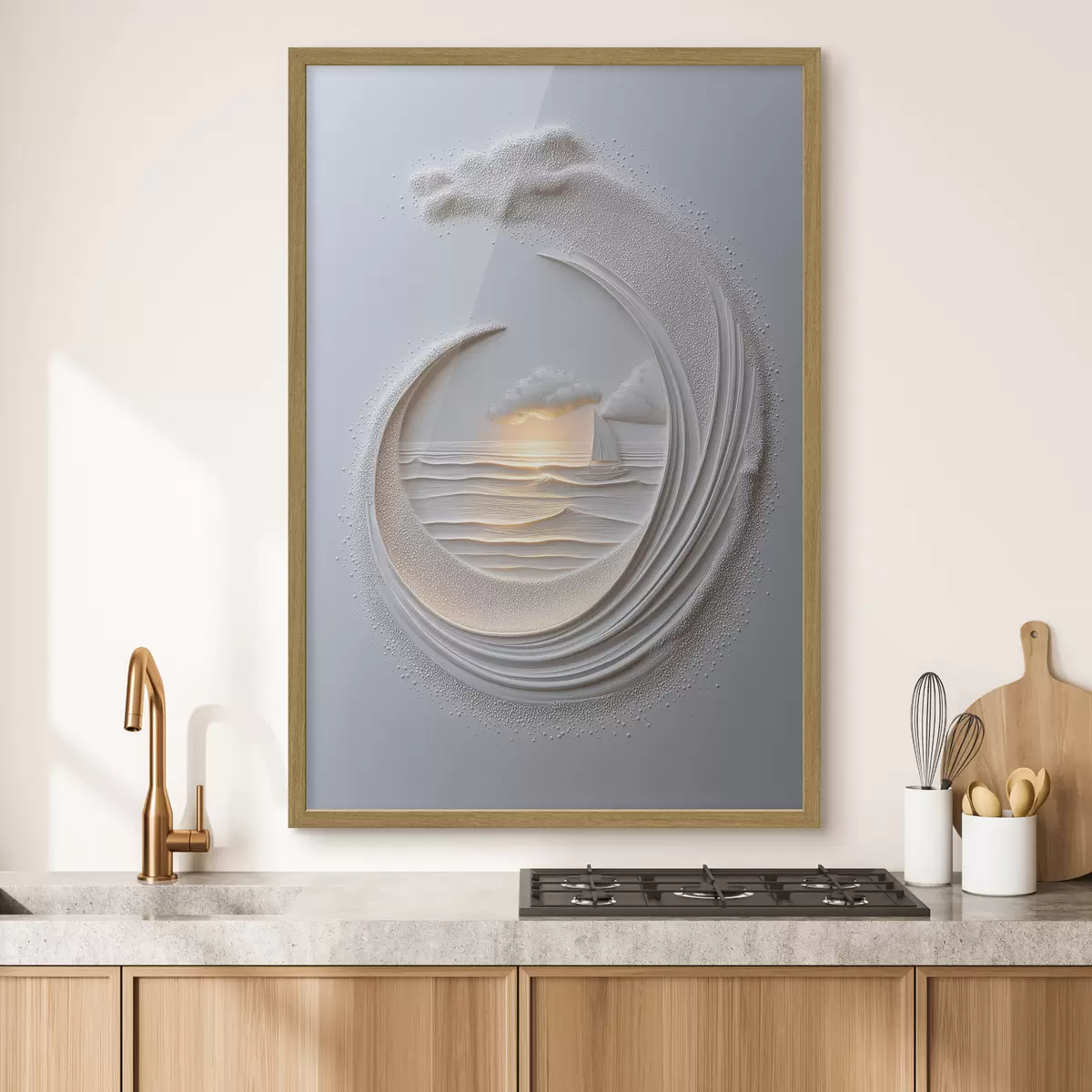 Poster Paesaggio marino con una barca a vela e un effetto a rilievo f49950