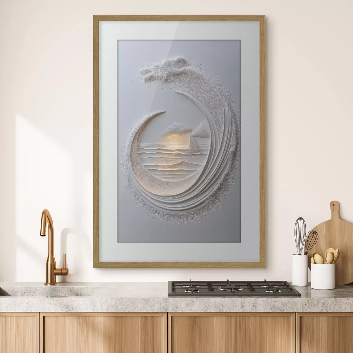 Poster Paesaggio marino con una barca a vela e un effetto a rilievo f49950