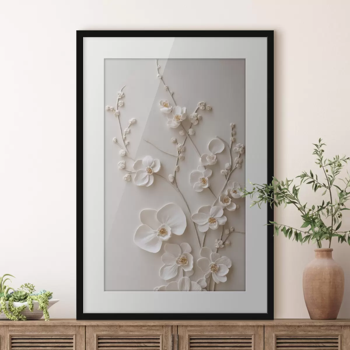 Poster Fiori bianchi voluminosi su rami delicati f49957