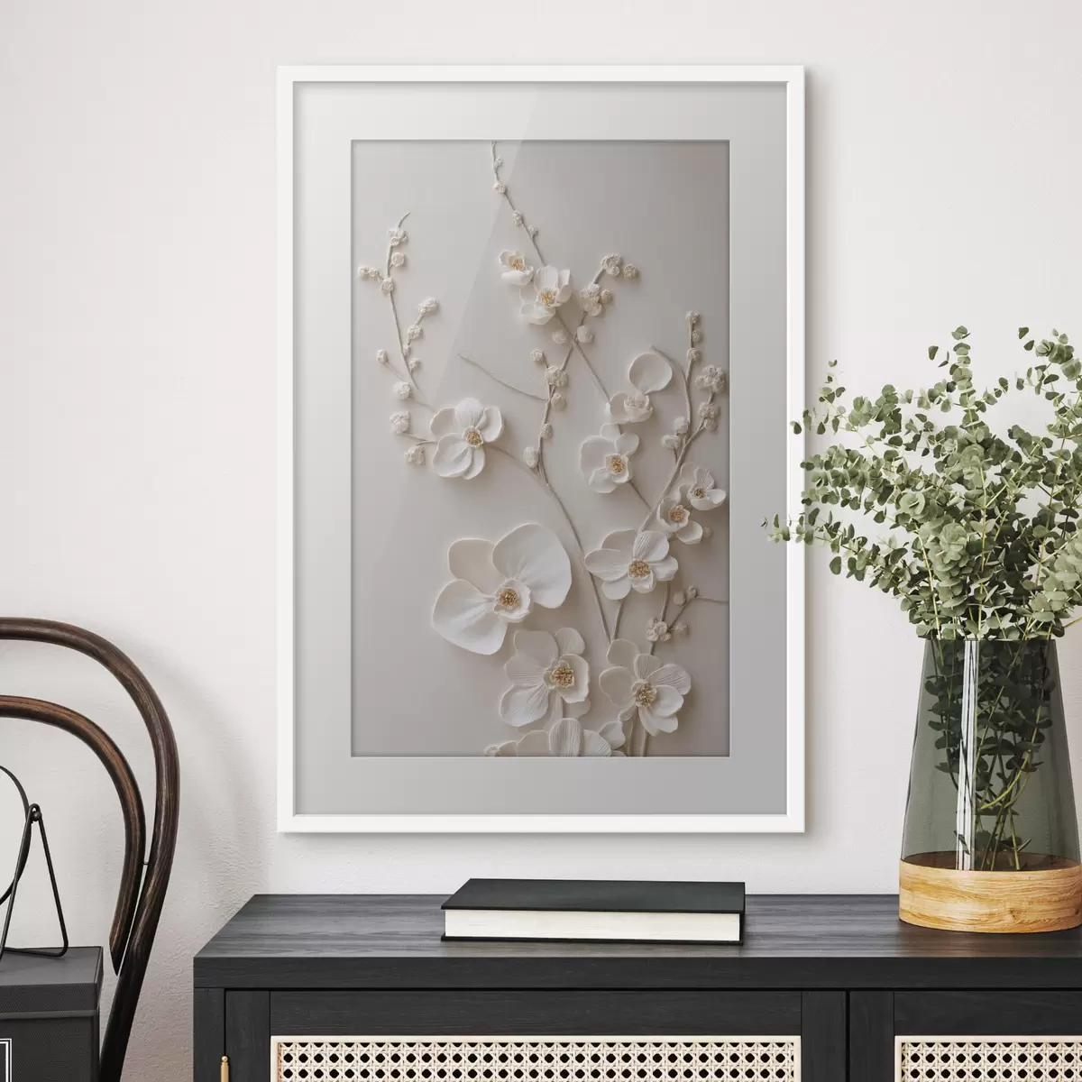 Poster Fiori bianchi voluminosi su rami delicati f49957