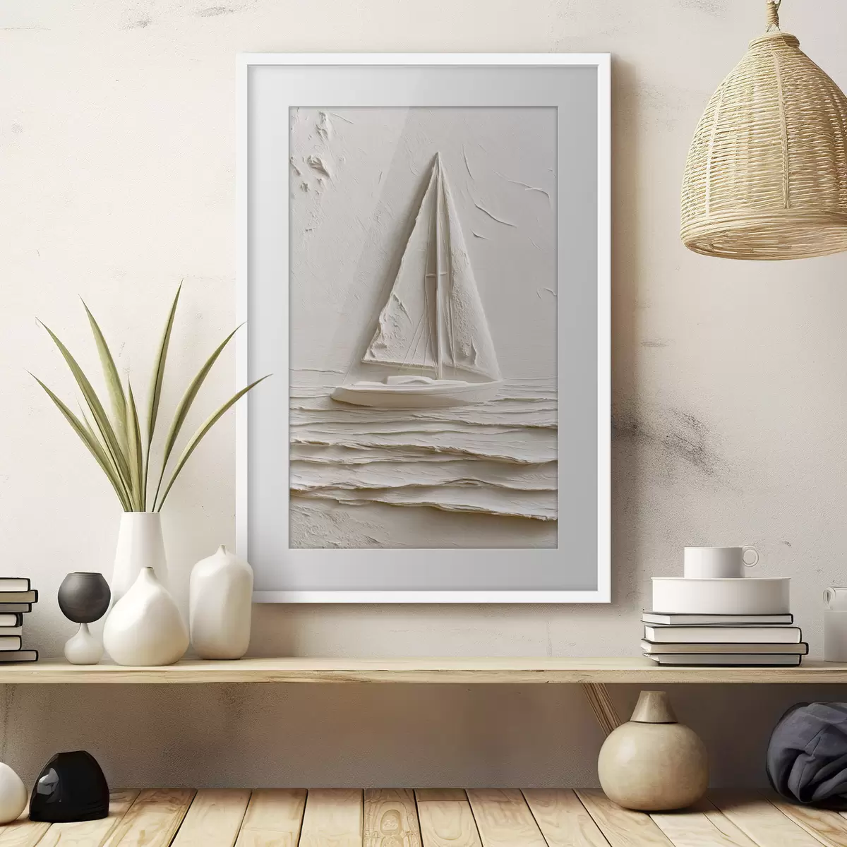 Poster Barca a vela su onde calme con effetto a rilievo f49964
