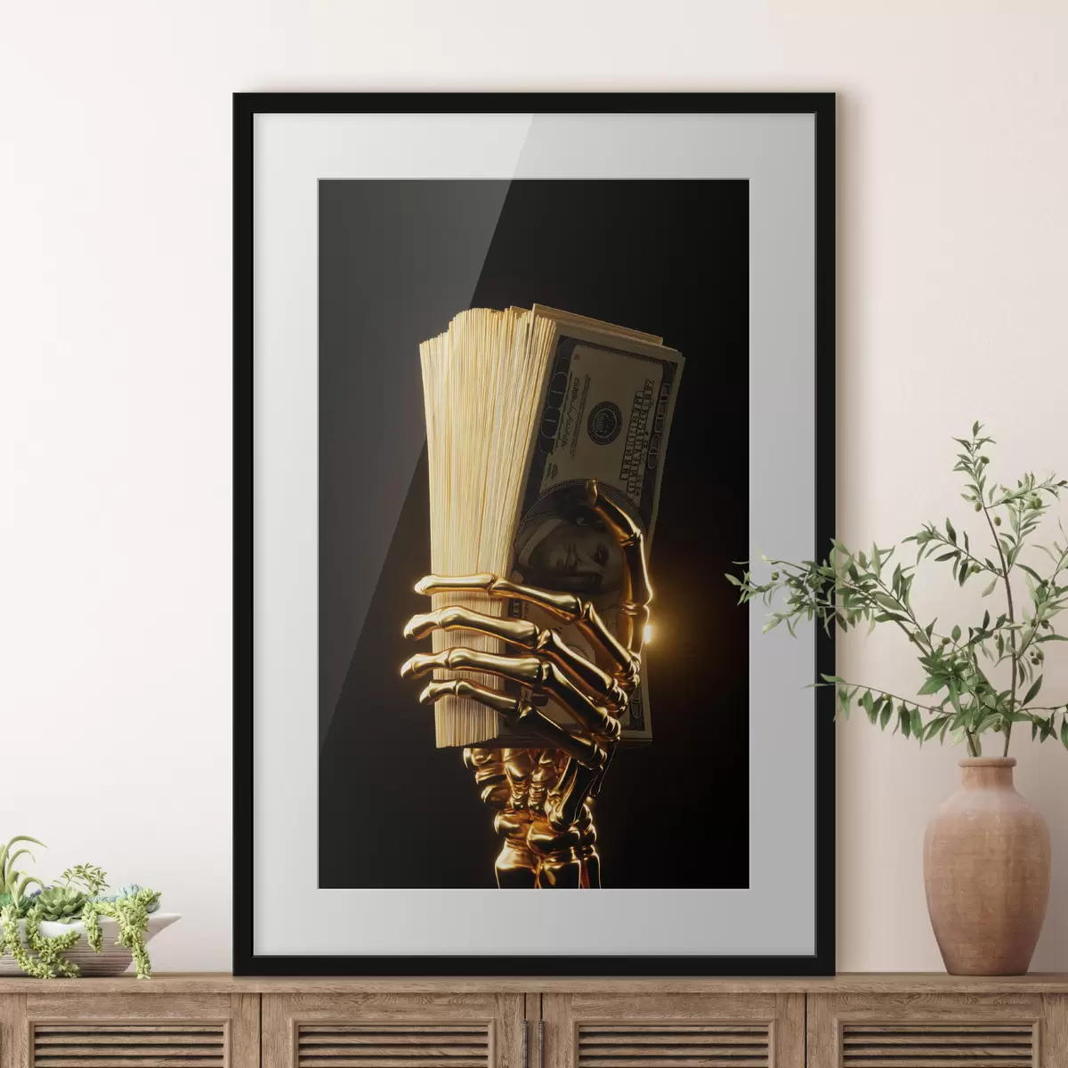 Poster Mano metallica che regge una mazzetta di banconote f49967
