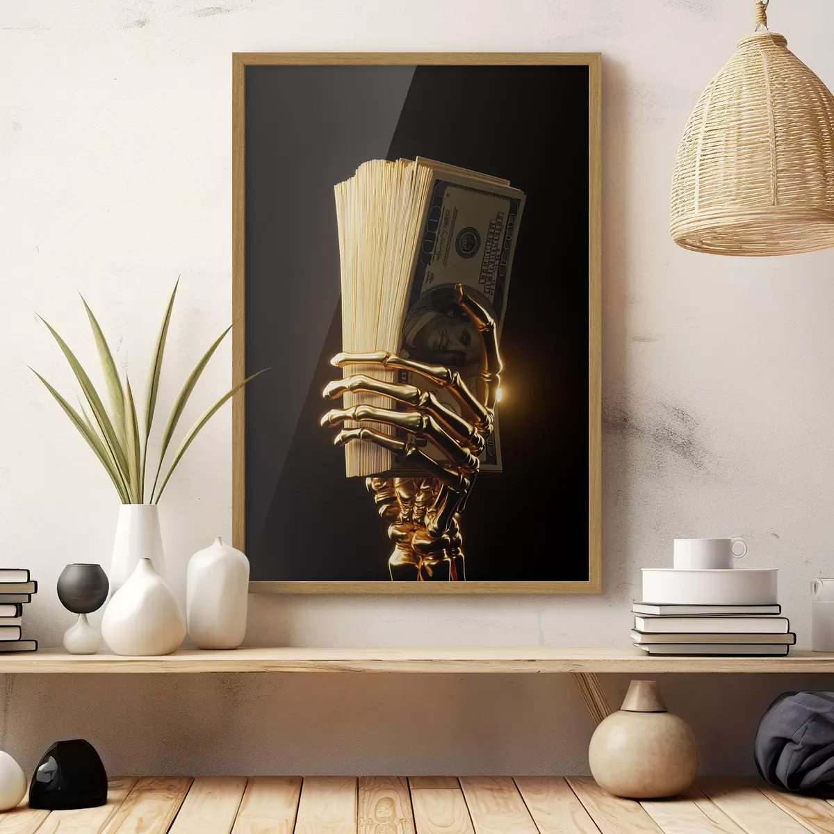 Poster Mano metallica che regge una mazzetta di banconote f49967