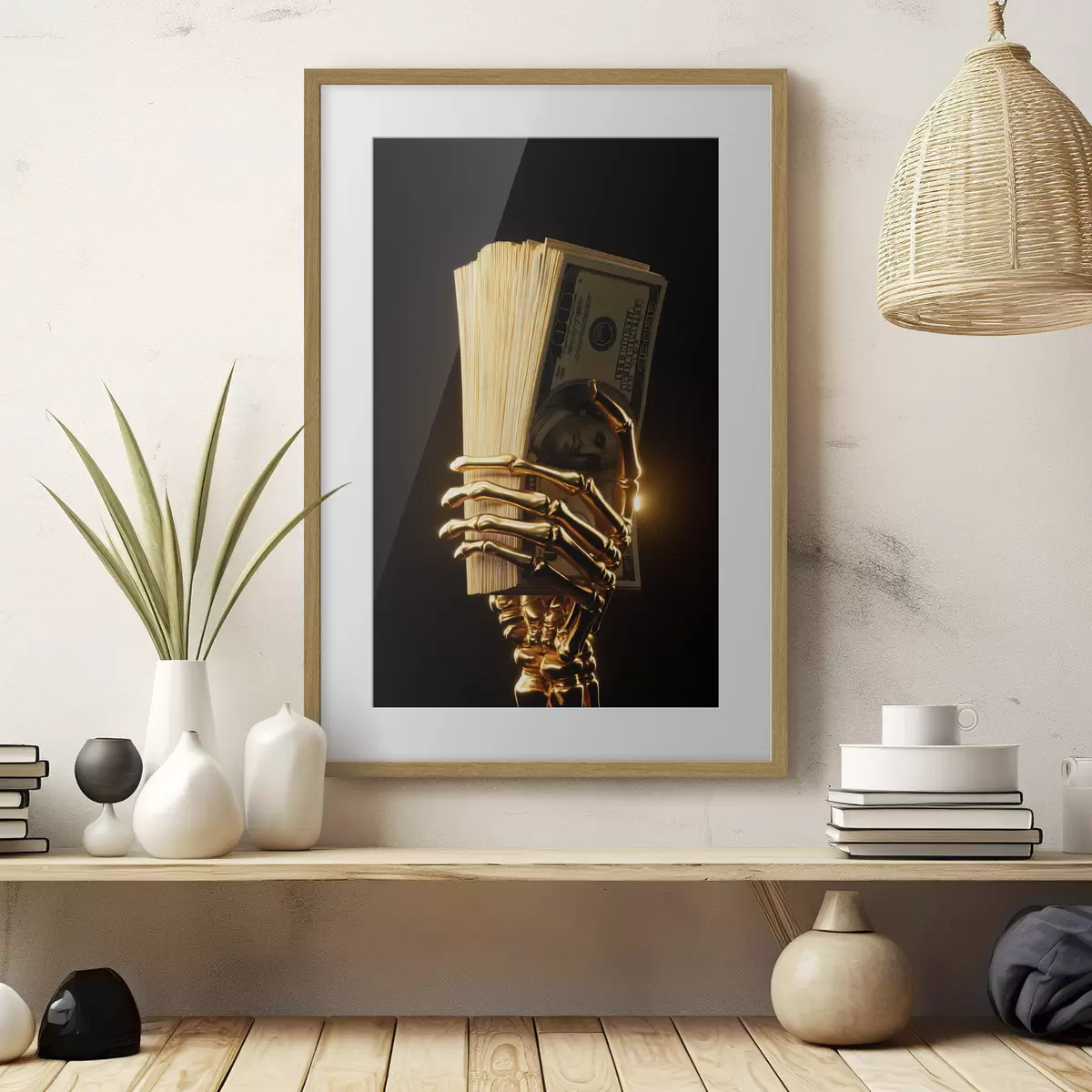 Poster Mano metallica che regge una mazzetta di banconote f49967