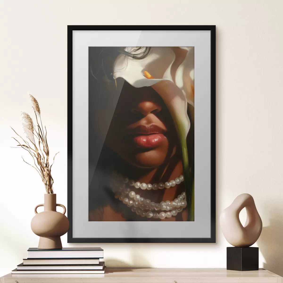Poster Ritratto con fiori bianchi e una collana di perle f49978