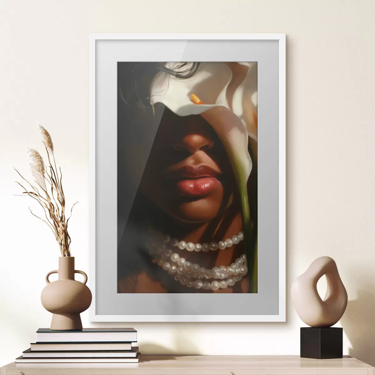 Poster Ritratto con fiori bianchi e una collana di perle f49978