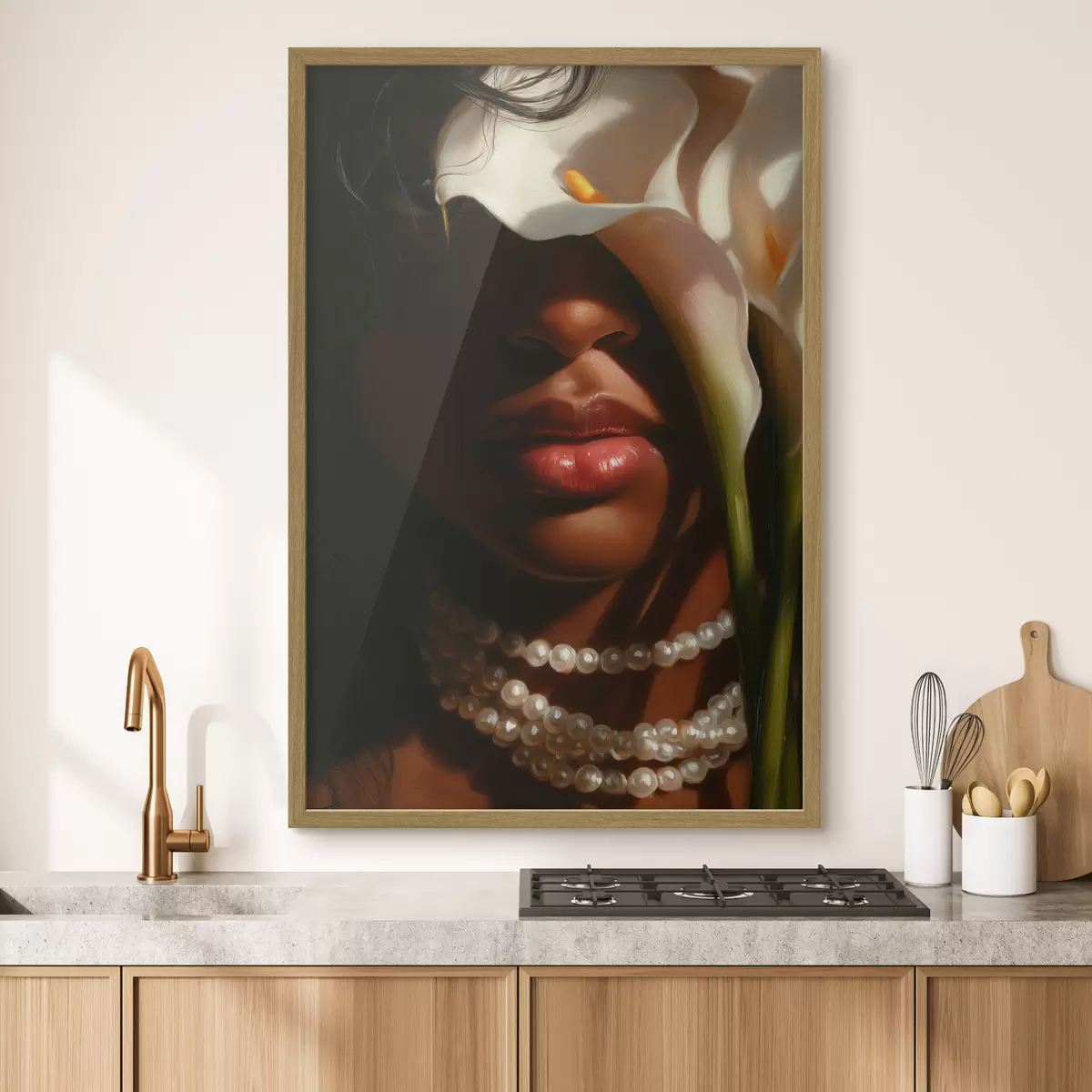 Poster Ritratto con fiori bianchi e una collana di perle f49978