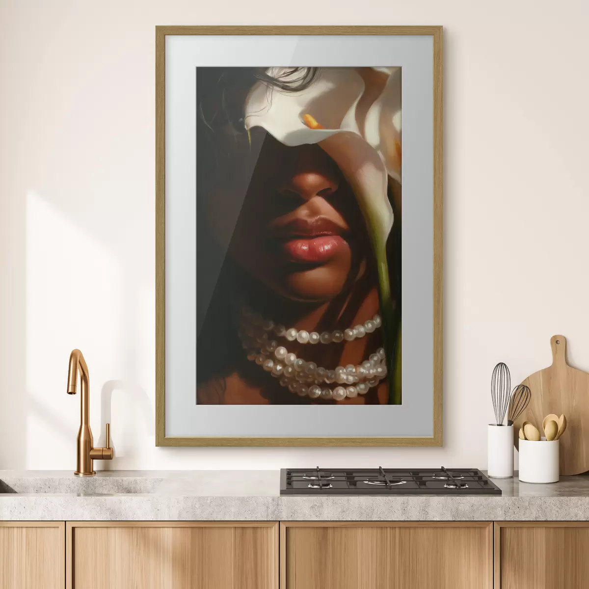 Poster Ritratto con fiori bianchi e una collana di perle f49978