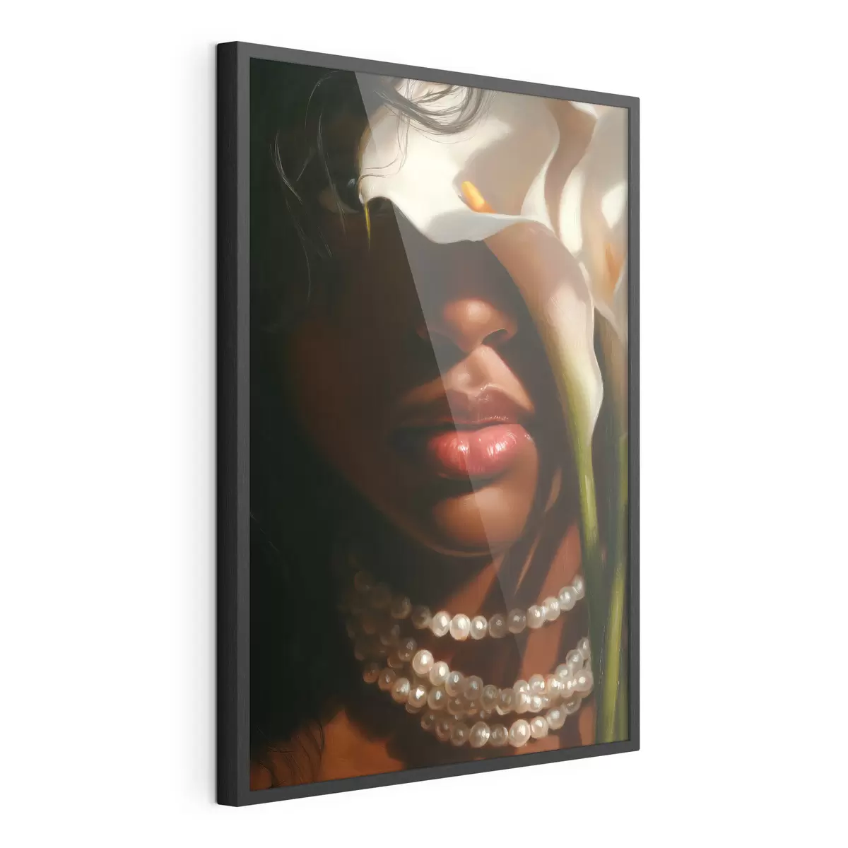 Poster Ritratto con fiori bianchi e una collana di perle f49978