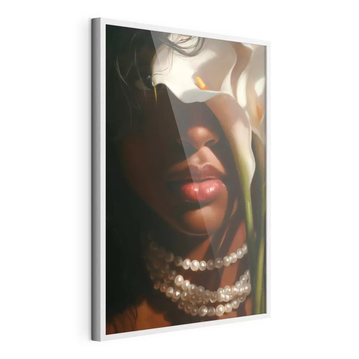 Poster Ritratto con fiori bianchi e una collana di perle f49978