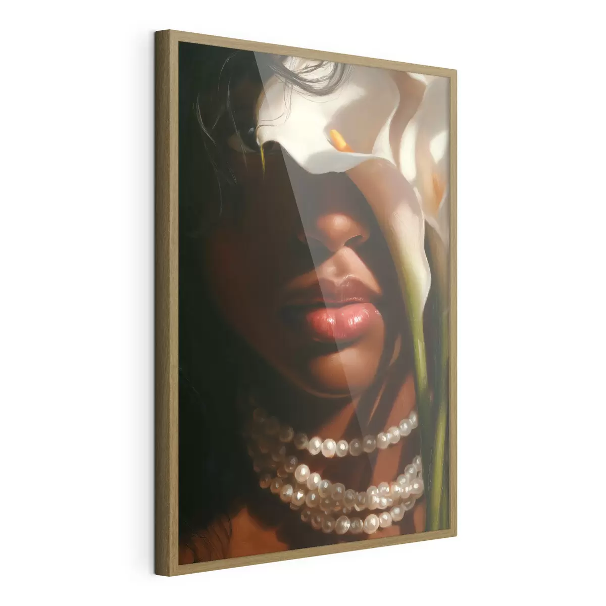 Poster Ritratto con fiori bianchi e una collana di perle f49978