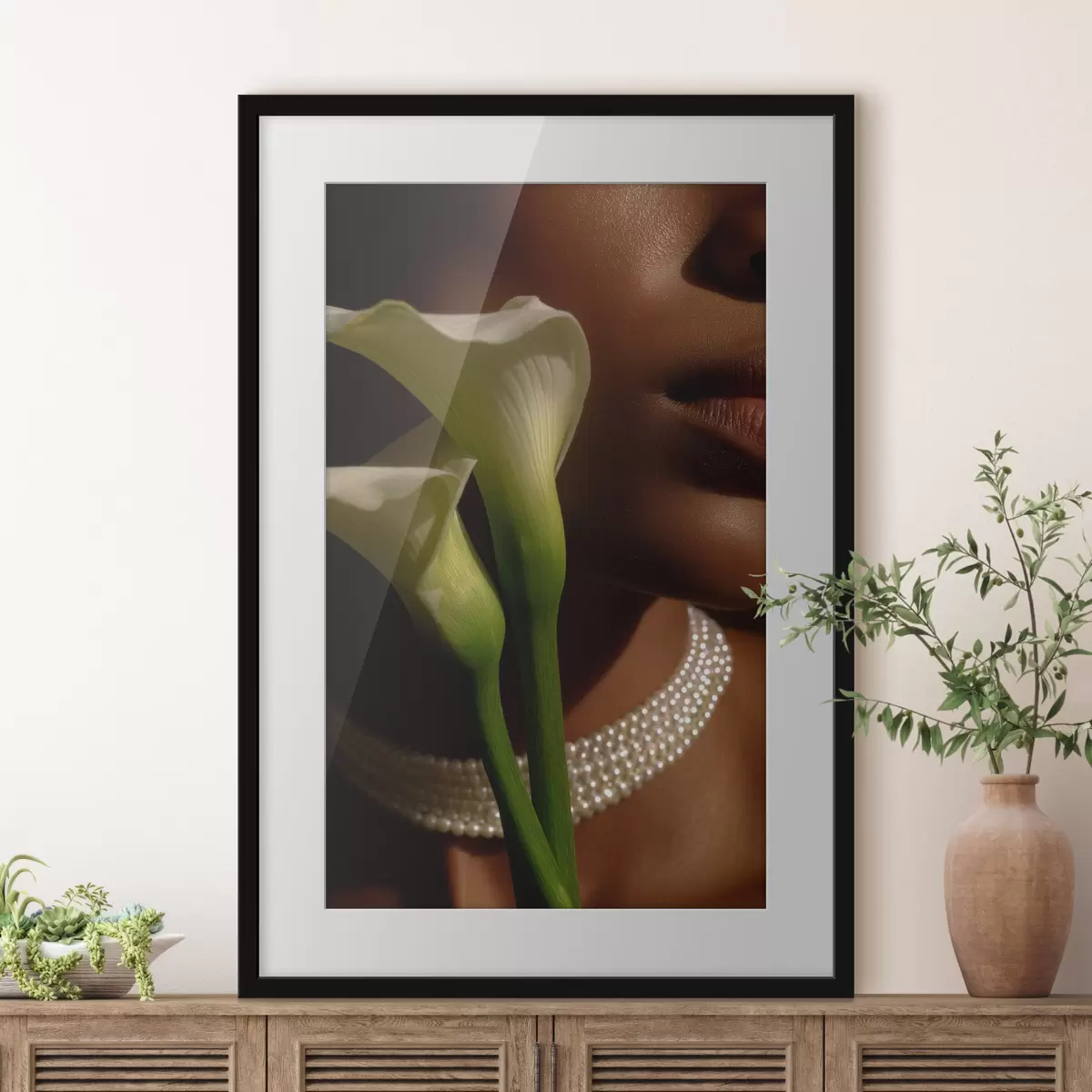 Poster Ritratto con fiori bianchi in una luce soffusa f49980