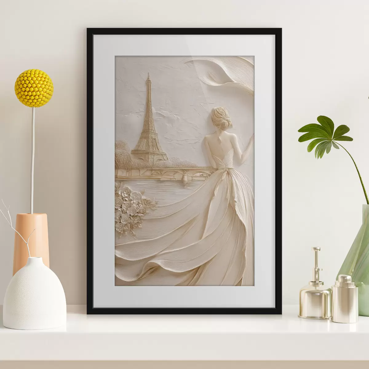 Poster Composizione con una donna vicino a una torre famosa e un effetto a rilievo f49985