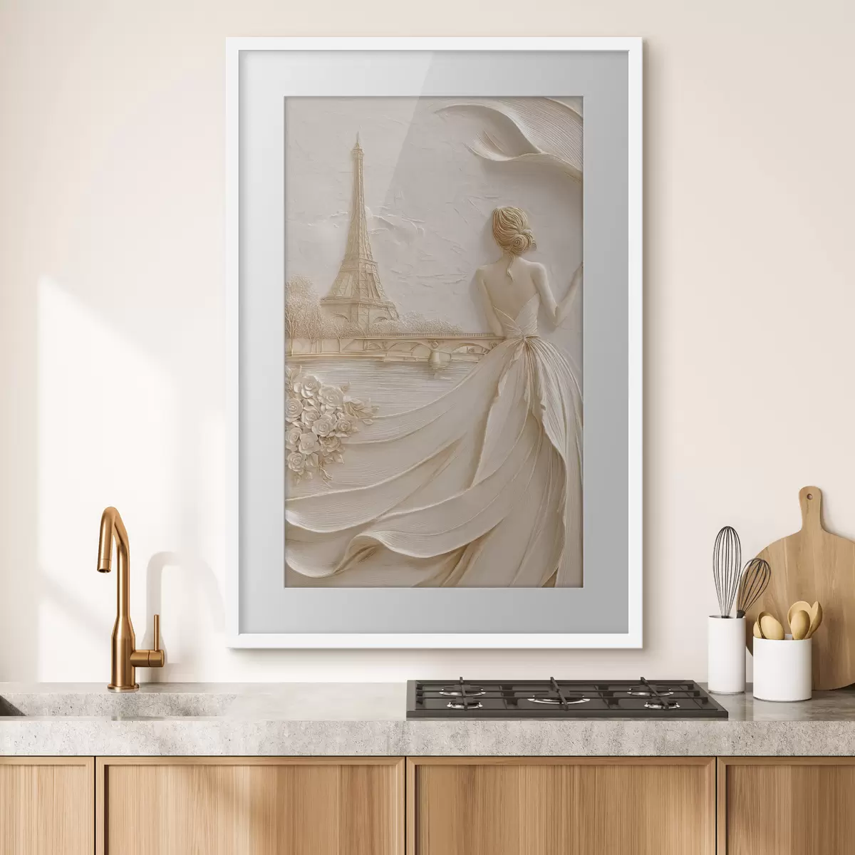 Poster Composizione con una donna vicino a una torre famosa e un effetto a rilievo f49985