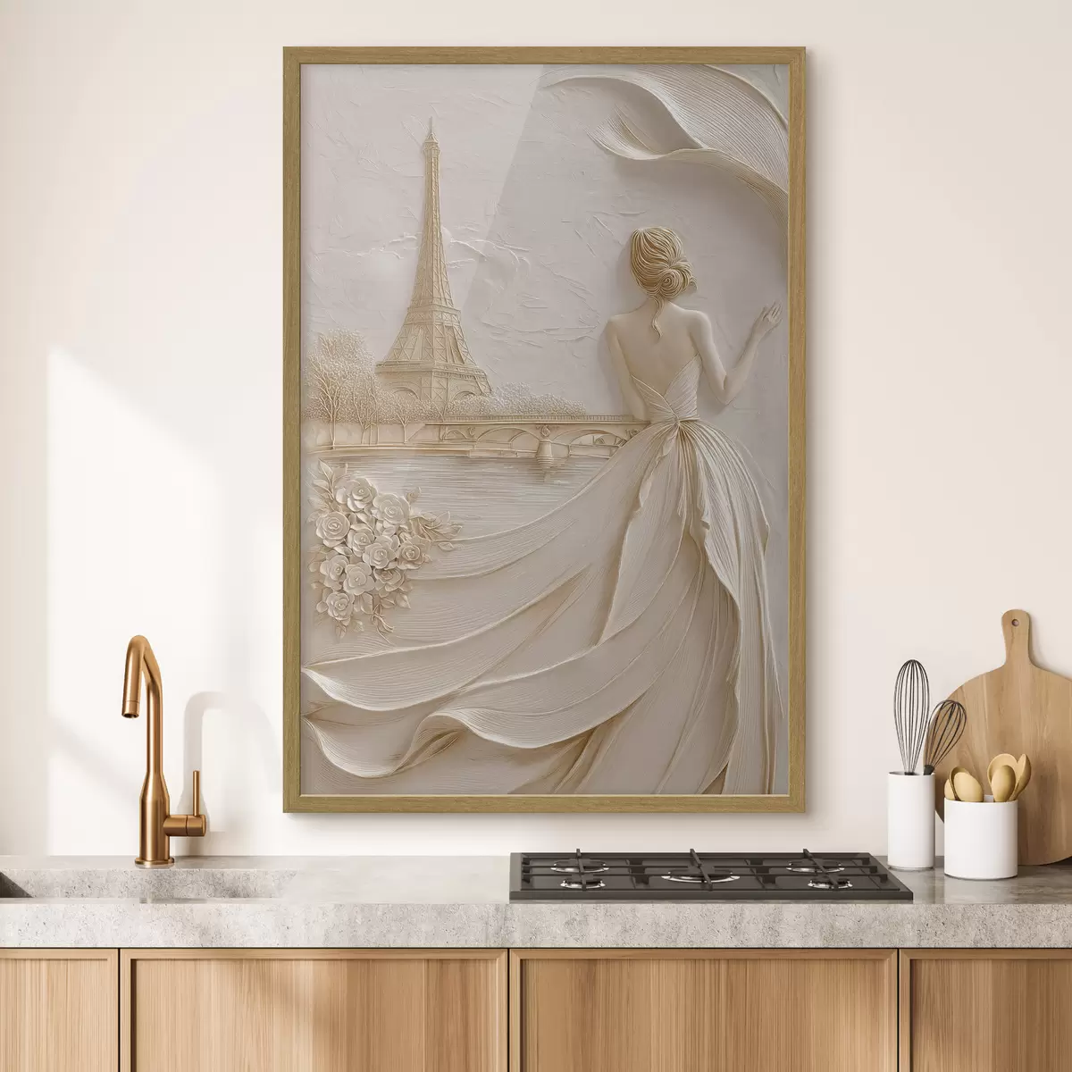 Poster Composizione con una donna vicino a una torre famosa e un effetto a rilievo f49985