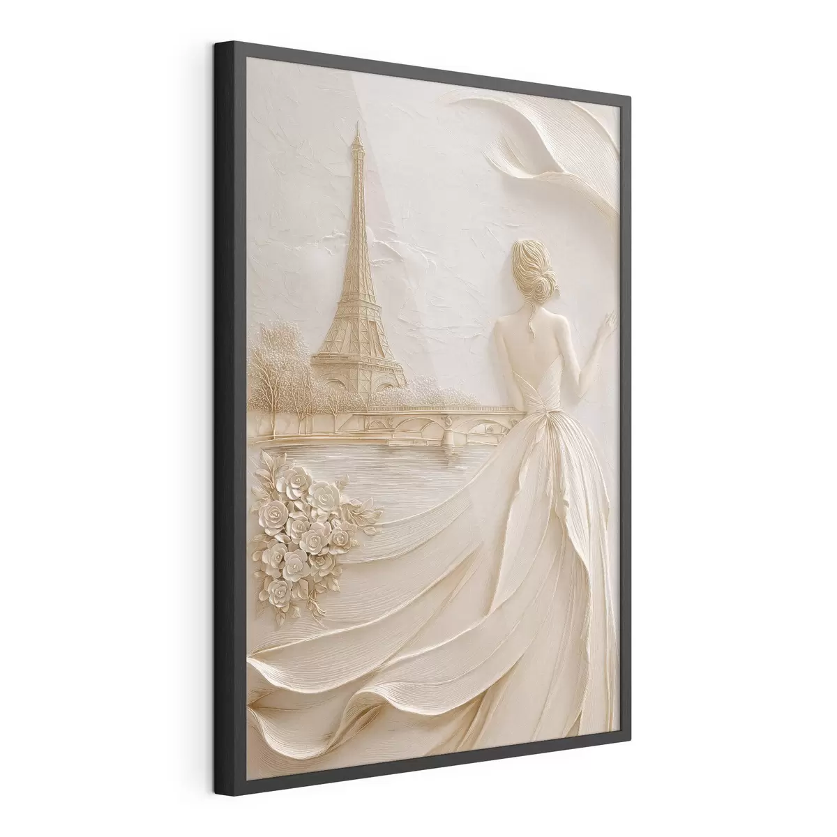 Poster Composizione con una donna vicino a una torre famosa e un effetto a rilievo f49985