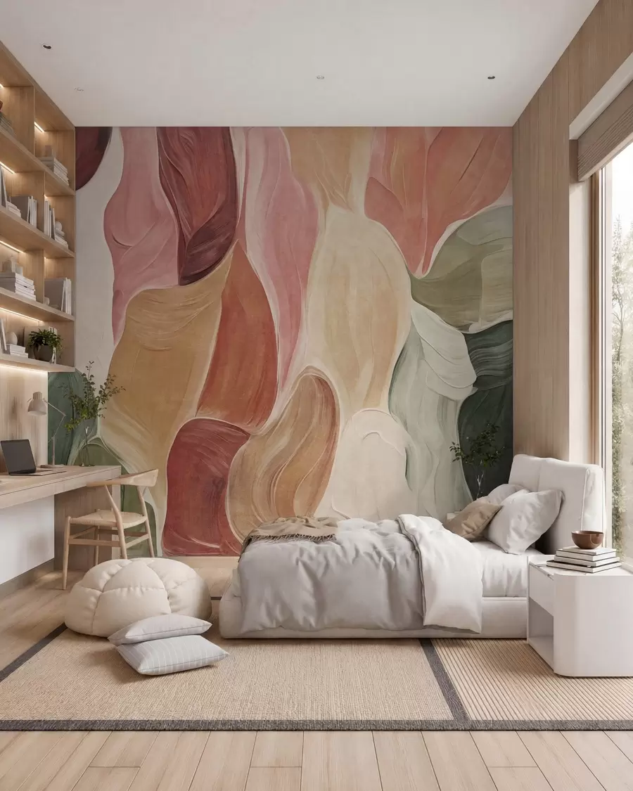 carta da parati Forme astratte in tenui tonalità di rosa, pesca e verde, con effetto pennellata nr. w09908