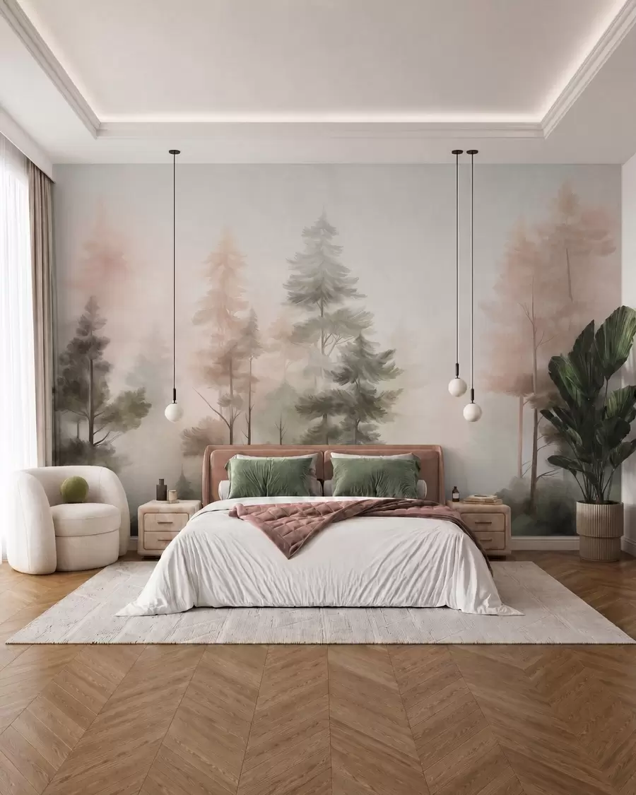 Carta da parati nature Bosco ricco di texture con alti pini dai toni del verde e del rosa, avvolto da una leggera nebbia 