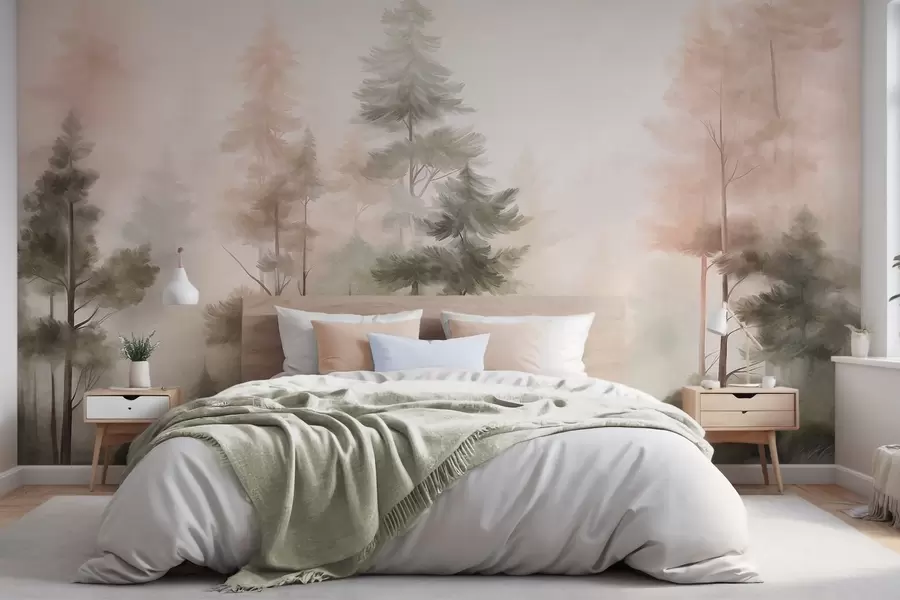 Carta da parati nature Bosco ricco di texture con alti pini dai toni del verde e del rosa, avvolto da una leggera nebbia 