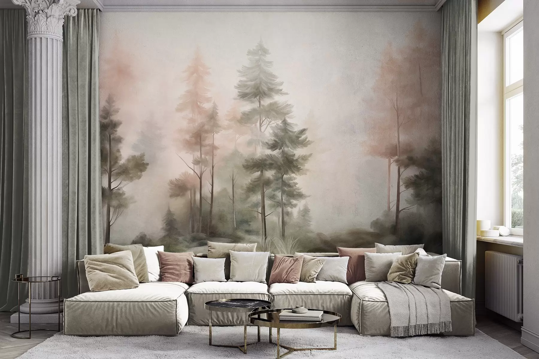 Carta da parati nature Bosco ricco di texture con alti pini dai toni del verde e del rosa, avvolto da una leggera nebbia 