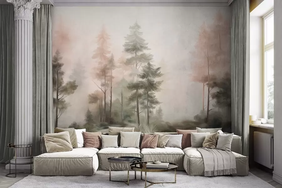 Carta da parati nature Bosco ricco di texture con alti pini dai toni del verde e del rosa, avvolto da una leggera nebbia 